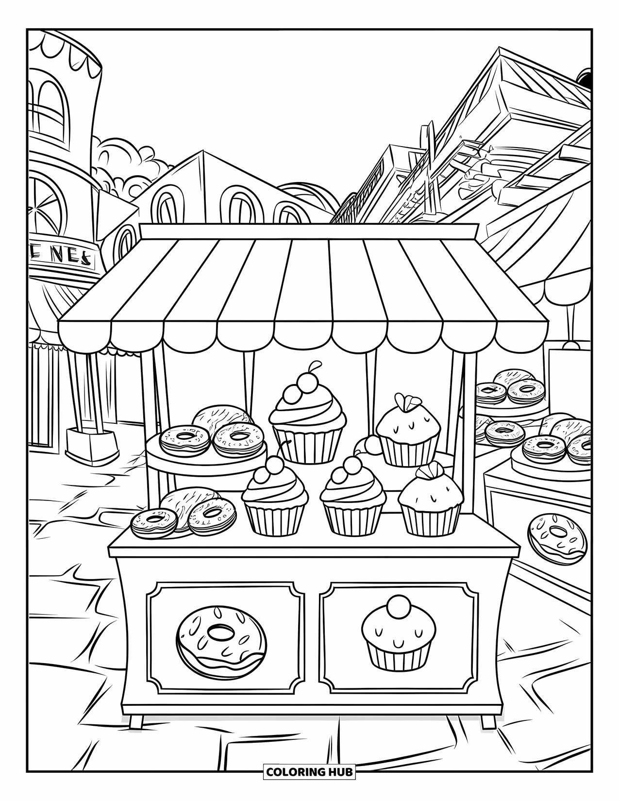 Cupcake Ausmalbild für Kinder: Ein lebhafter Straßenmarkt mit einem Cupcake-Stand und Desserts