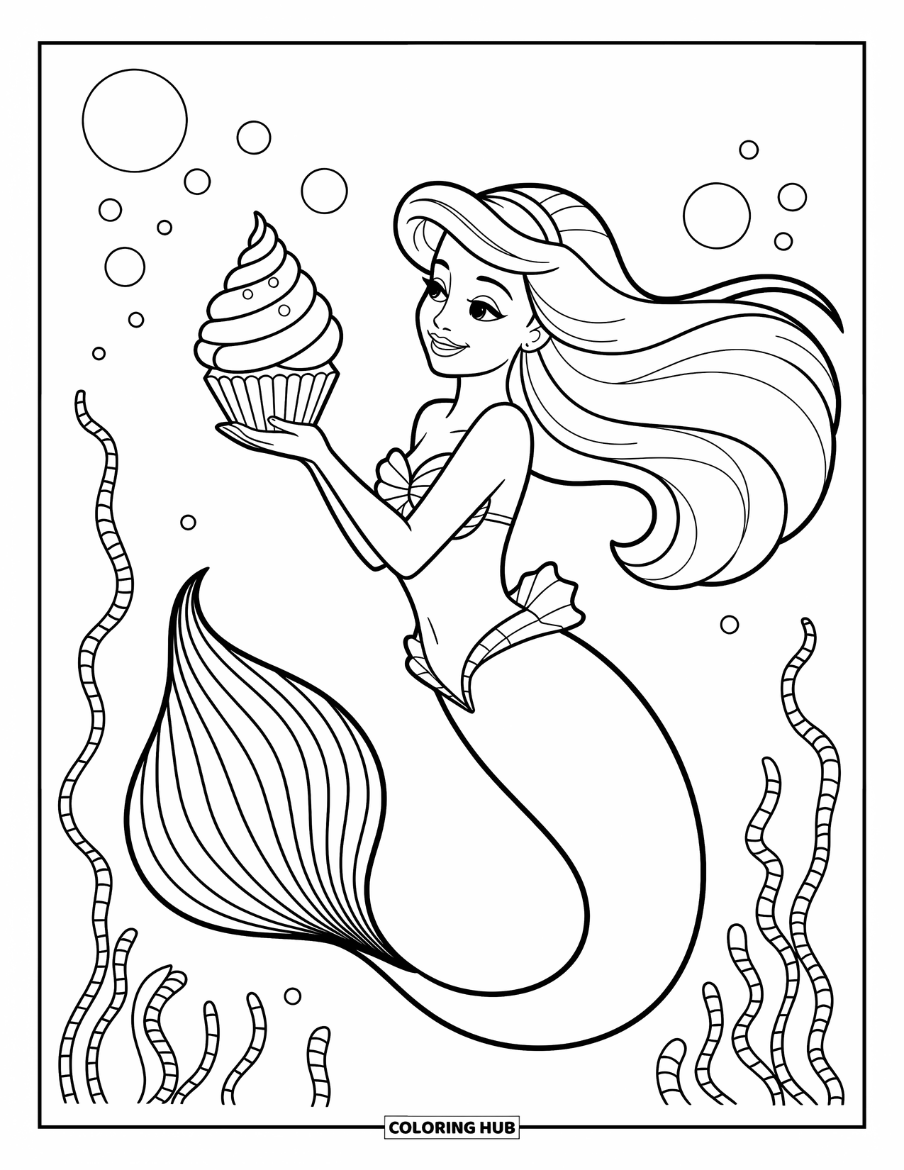 Cupcake Ausmalbild für Kinder: Eine Meerjungfrau hält einen Muschel-Cupcake unter Wasser mit Blasen und Seetang