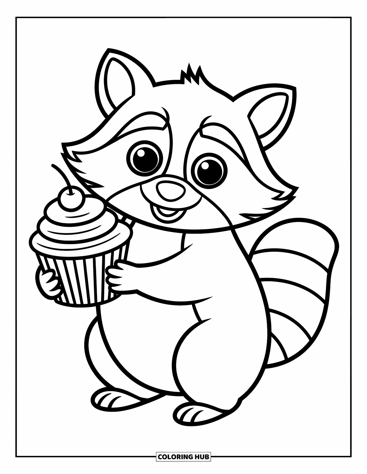 Cupcake Ausmalbild für Kinder: Ein Waschbär, der einen Cupcake mit einer Kirsche obendrauf hält