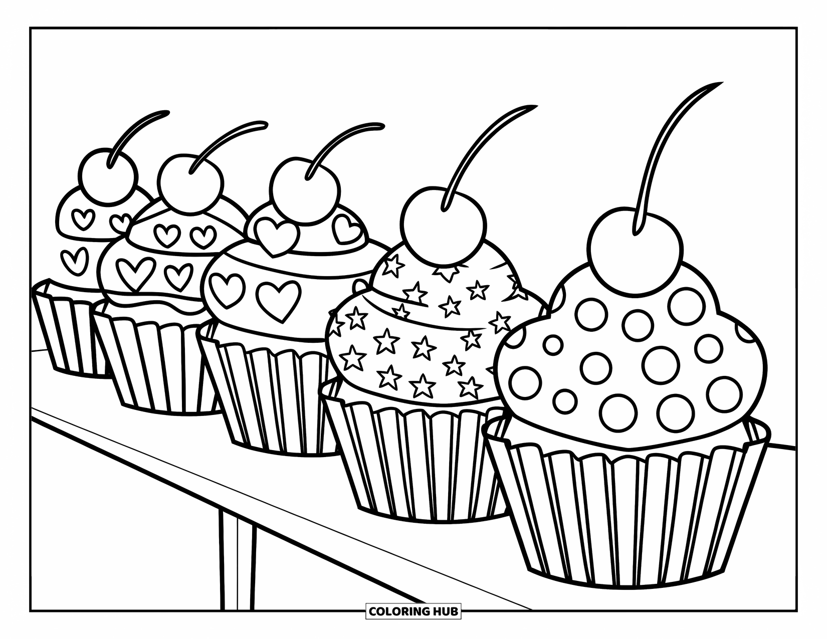 Cupcake Ausmalbild für Kinder: Eine Reihe von Cupcakes mit verschiedenen Mustern und Kirschen obendrauf