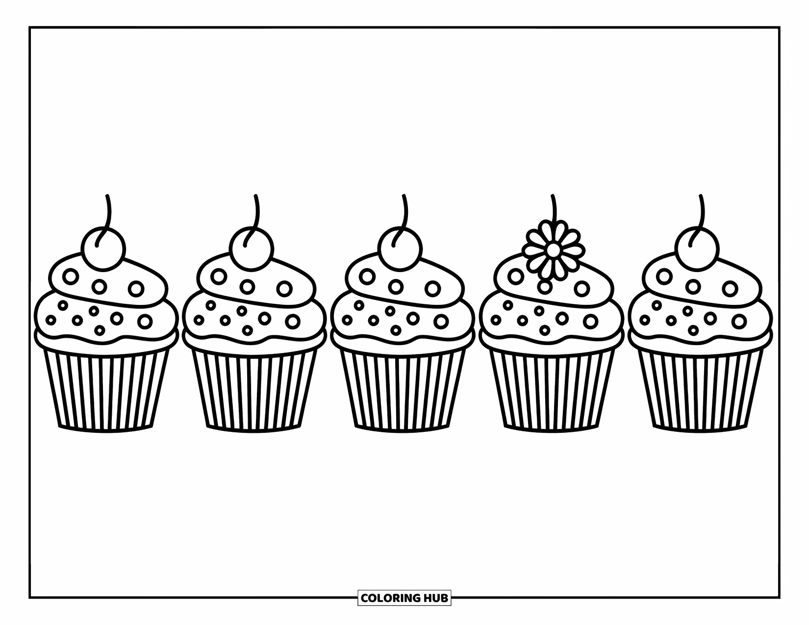 Cupcake Ausmalbild für Kinder: Eine Reihe von Cupcakes mit verschiedenen Mustern und verspielten Designs