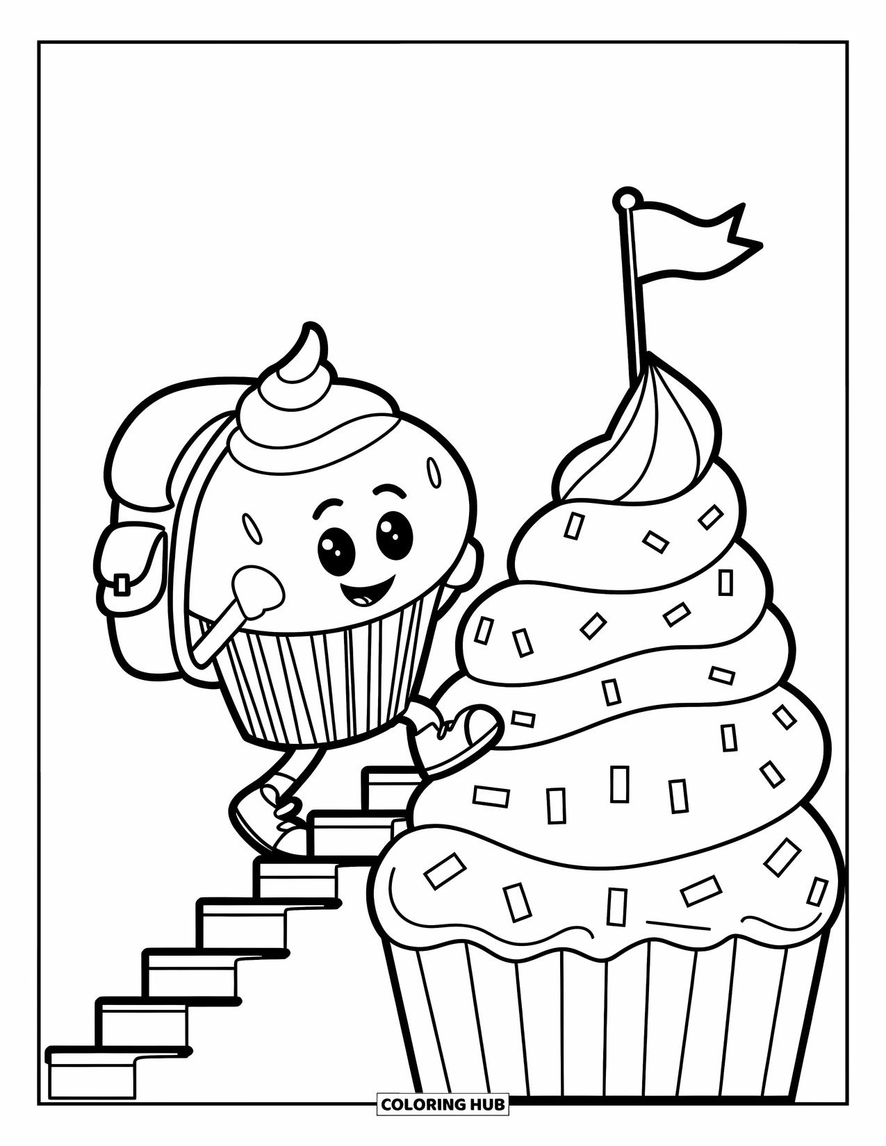 Cupcake Ausmalbild für Kinder: Ein lächelnder Cupcake mit einem Rucksack erklimmt einen Frosting-Berg