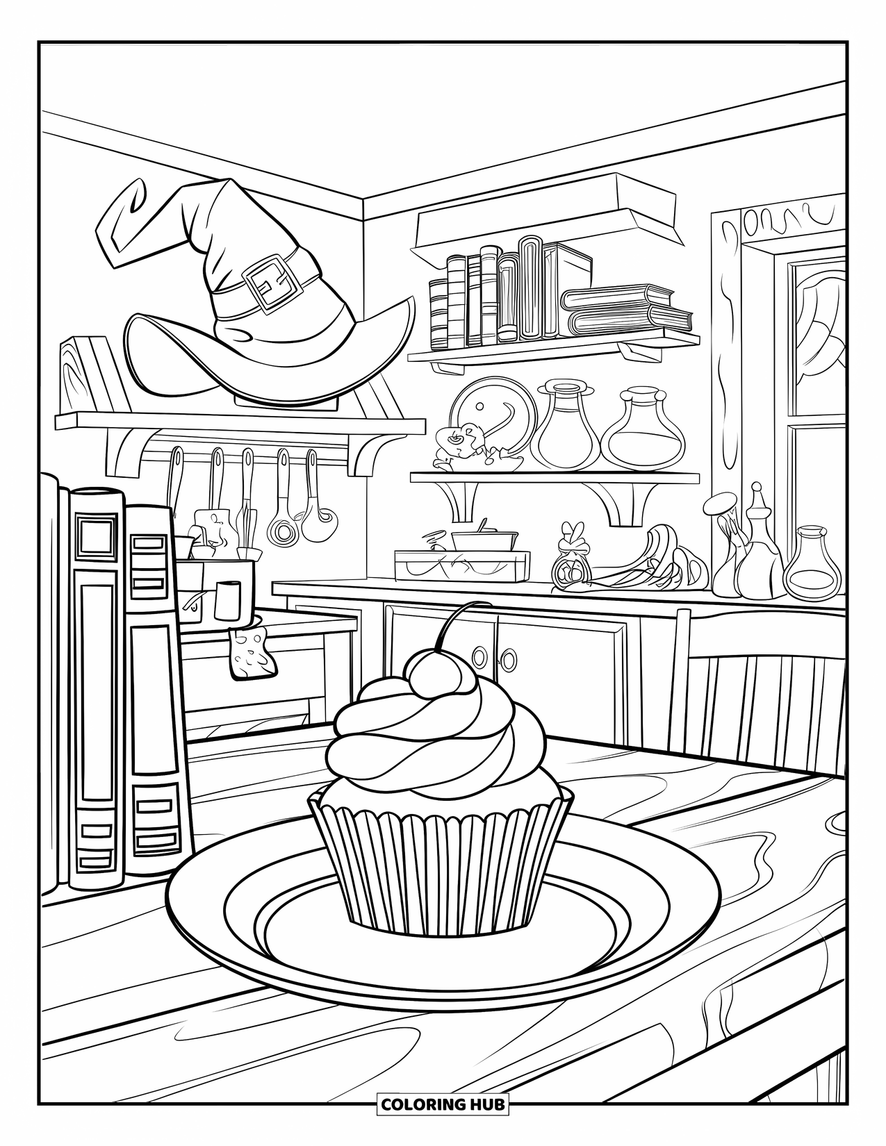 Cupcake Ausmalbild für Kinder: Die Küche einer Hexe mit einem Cupcake, Zauberbüchern und leuchtenden Tränken