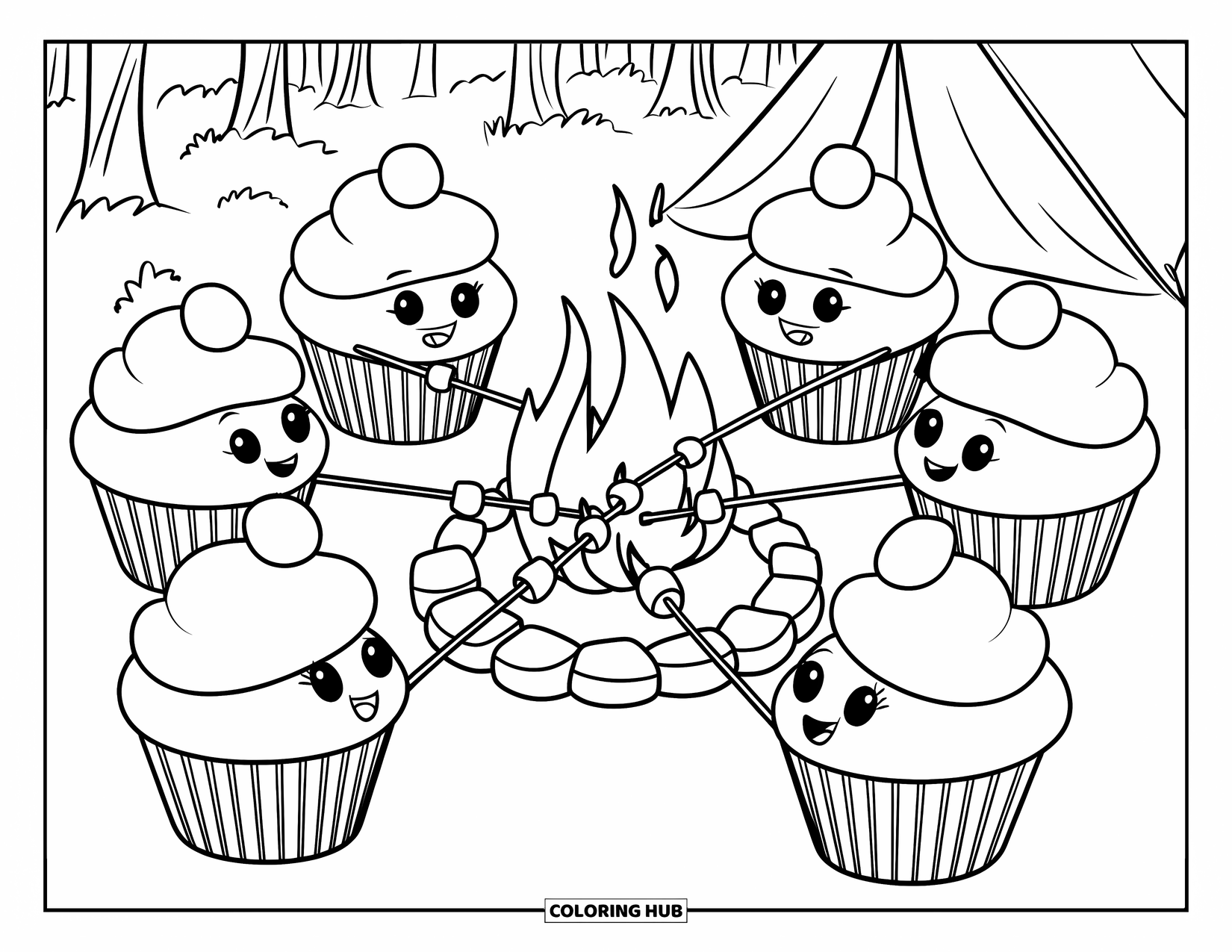Cupcake Ausmalbild für Kinder: Cupcakes rösten Marshmallows um ein Feuer unter Bäumen und einem Zelt
