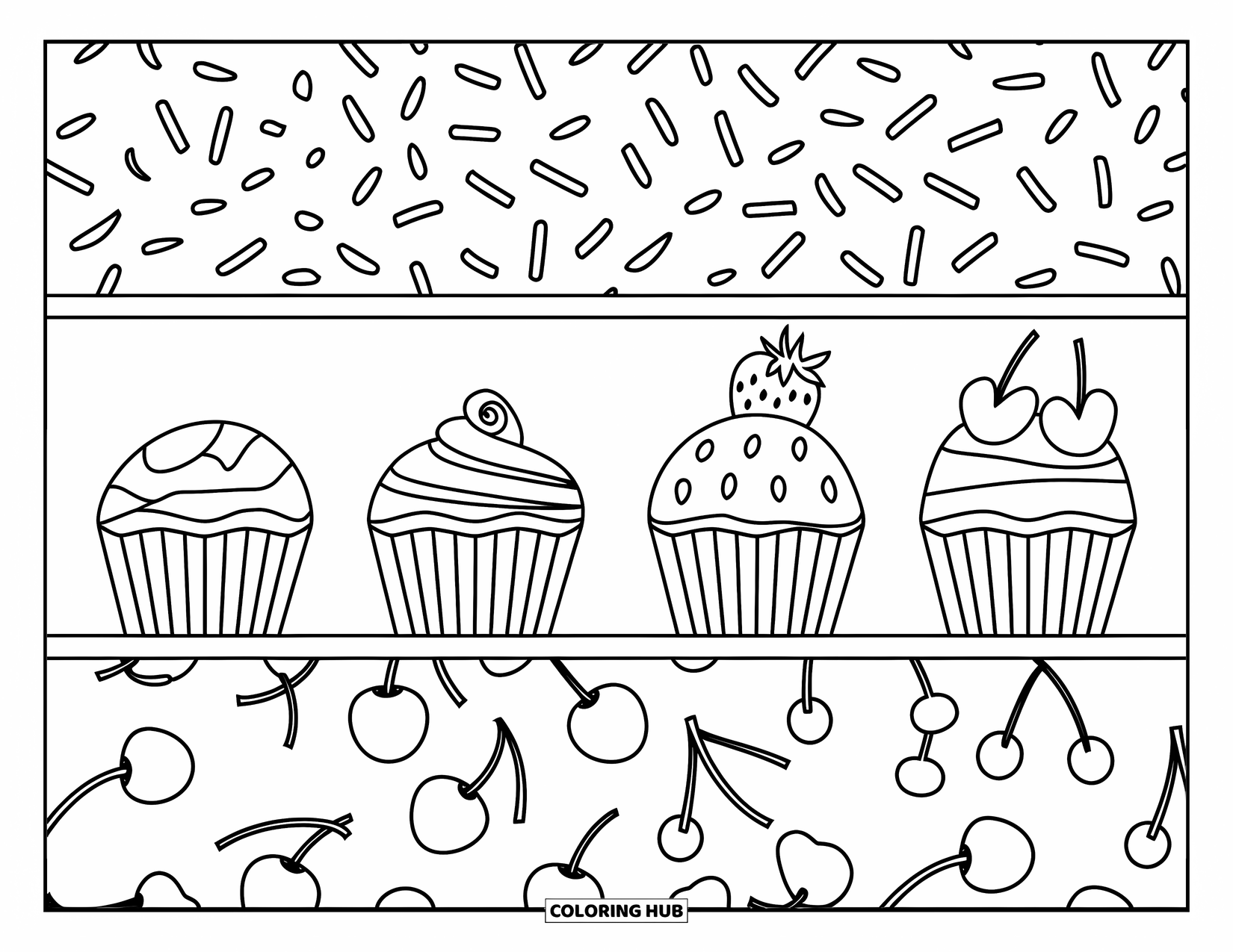 Cupcake Ausmalbild für Kinder: Fünf Cupcakes mit verschiedenen Mustern sitzen in einer ordentlichen Reihe