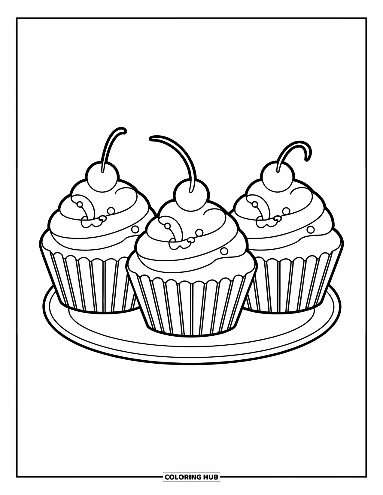 Cupcake Ausmalbild für Kinder: Drei Cupcakes in einer Reihe mit verschiedenen Toppings auf einem Teller