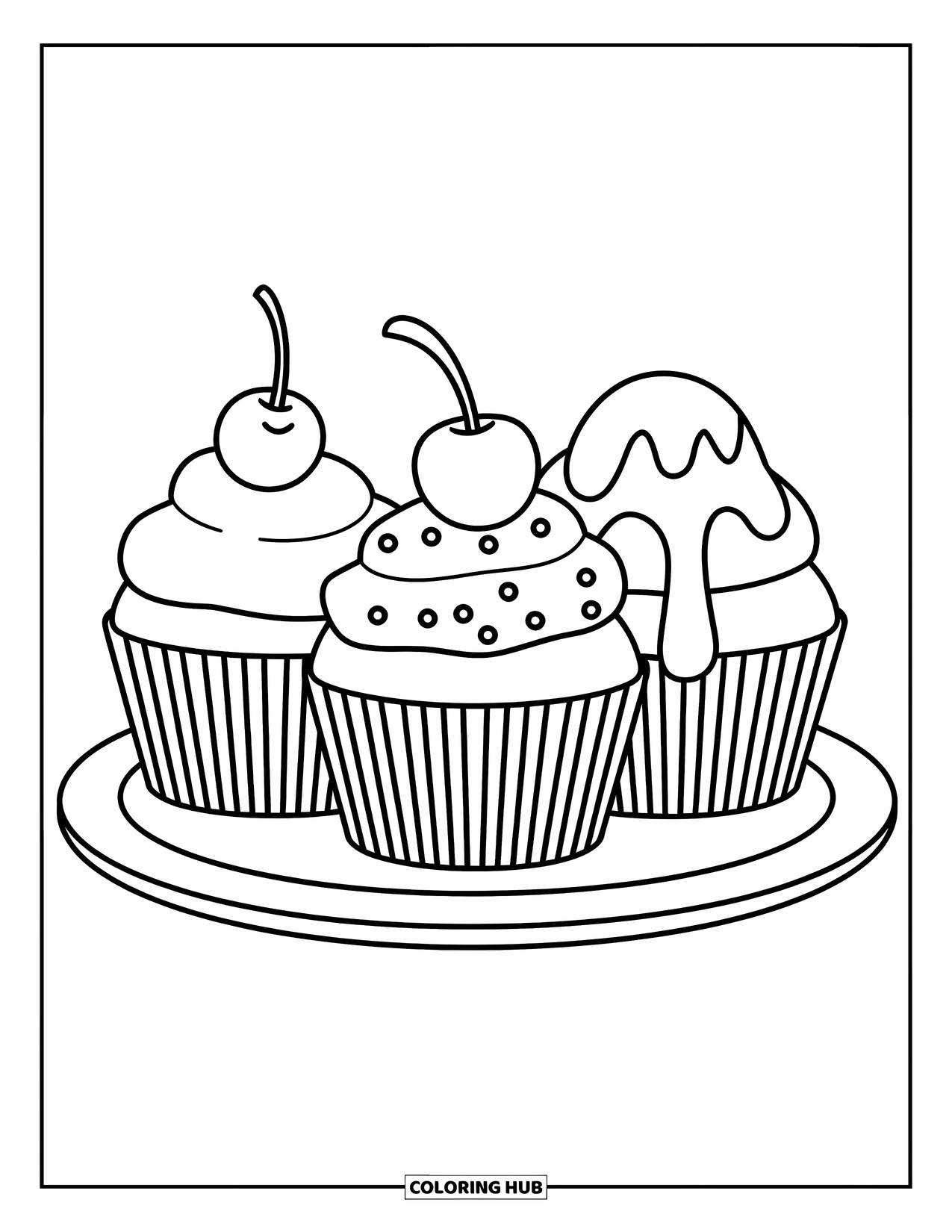 Cupcake Ausmalbild für Kinder: Drei Cupcakes in einer Reihe mit einer Kirsche, Streuseln und Schokoladentropfen