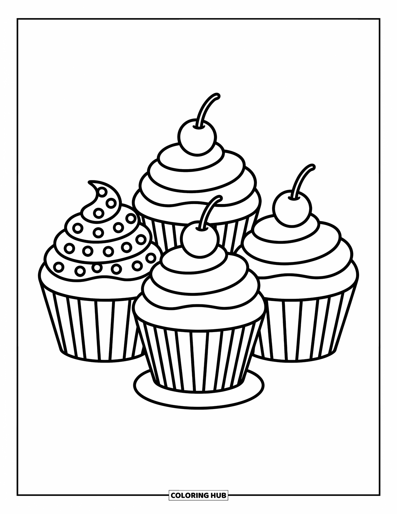 Cupcake Ausmalbild für Kinder: Drei Cupcakes in einer Reihe mit Streuseln und einer Kirsche