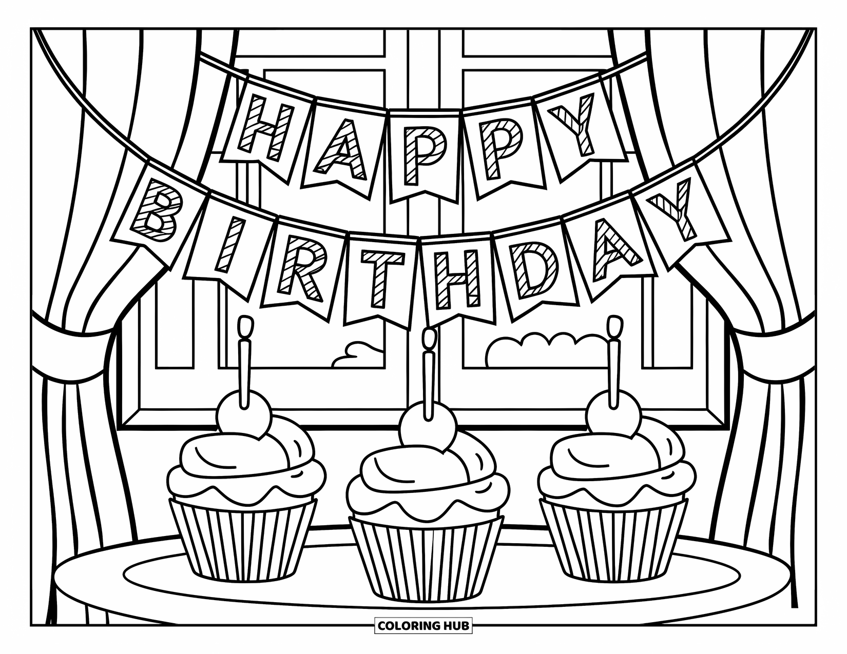 Cupcake Ausmalbild für Kinder: Drei Cupcakes auf einem Tisch mit einem Geburtstagsbanner und Kerzen