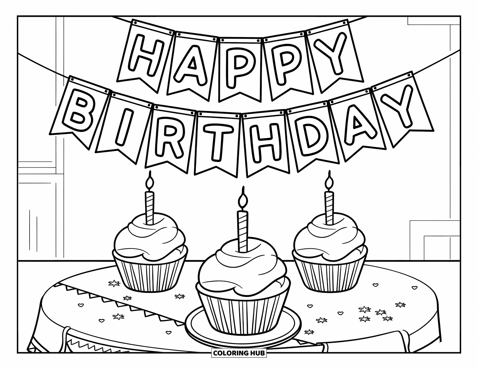 Cupcake Ausmalbild für Kinder: Drei Cupcakes auf einem Tisch mit einem "Happy Birthday"-Banner darüber
