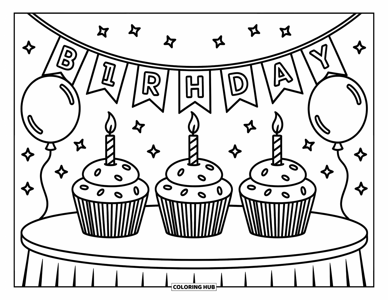 Cupcake Ausmalbild für Kinder: Drei Cupcakes auf einem Tisch mit einem verspielten Geburtstagsbanner