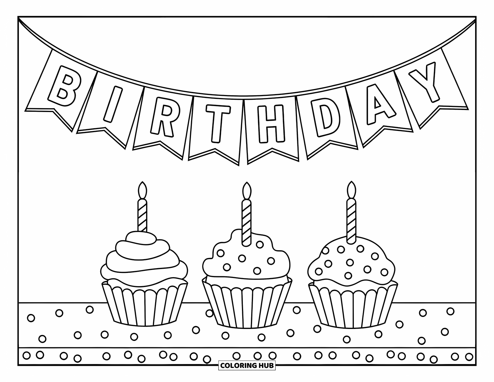 Cupcake Ausmalbild für Kinder: Drei Cupcakes sitzen auf einem Tisch unter einem Geburtstagsbanner