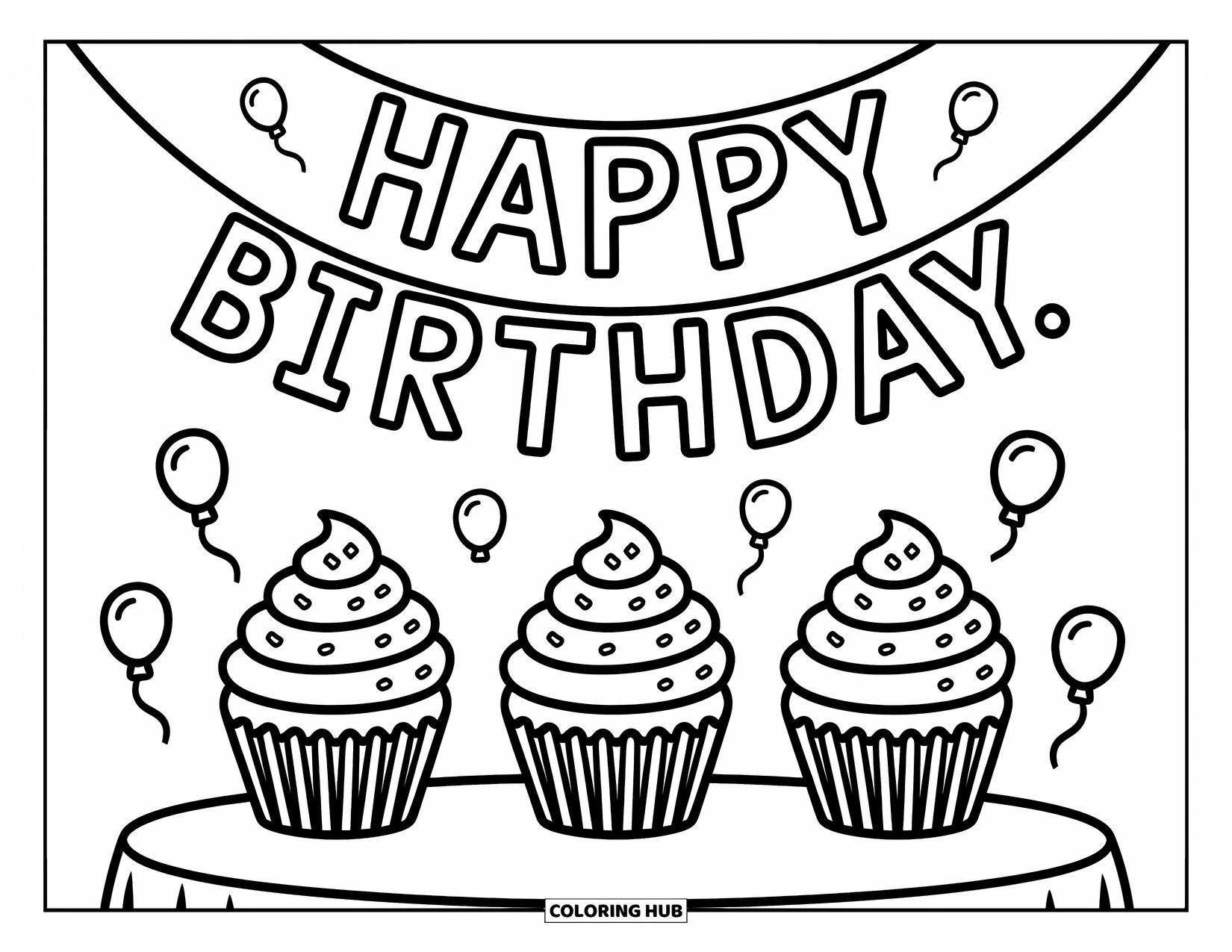 Cupcake Ausmalbild für Kinder: Drei Cupcakes unter einem fröhlichen Geburtstagsbanner