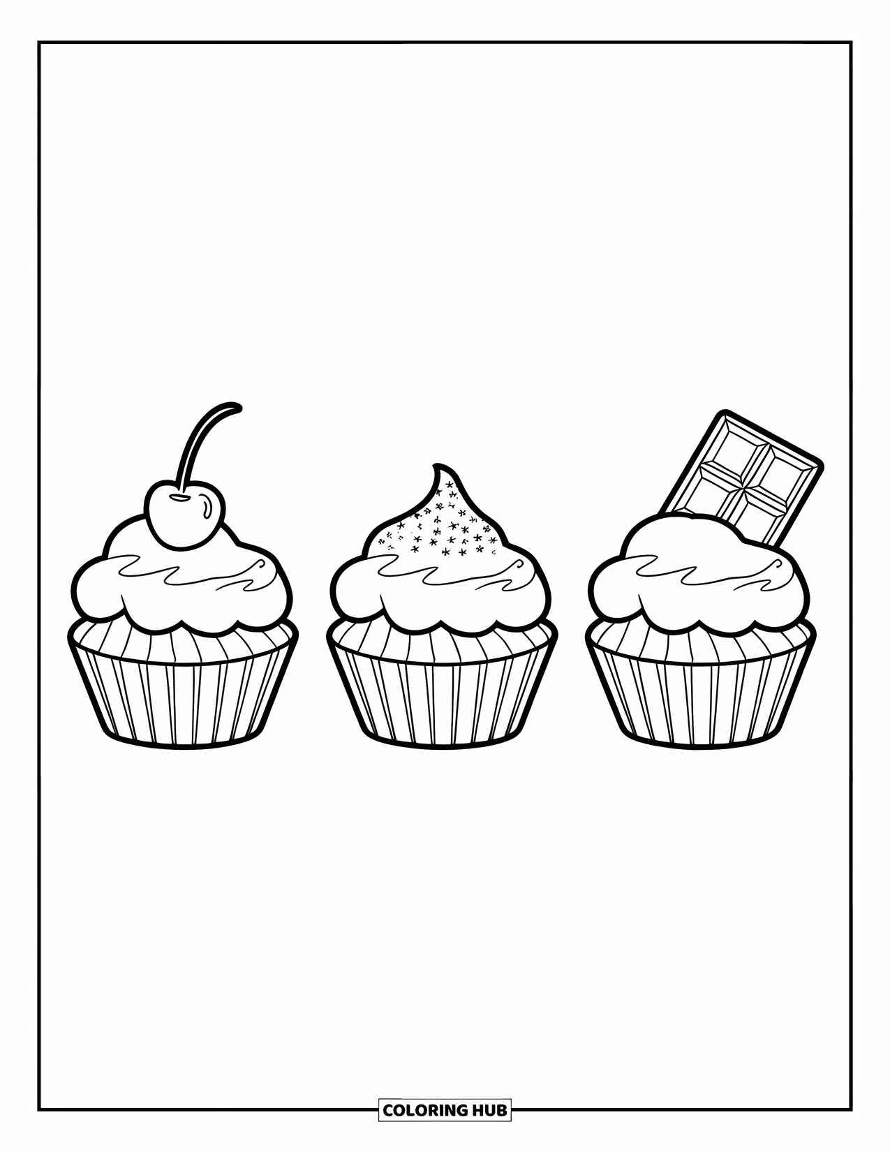 Cupcake Ausmalbild für Kinder: Drei Cupcakes mit einer Kirsche, Streuseln und einem Schokoriegel oben drauf