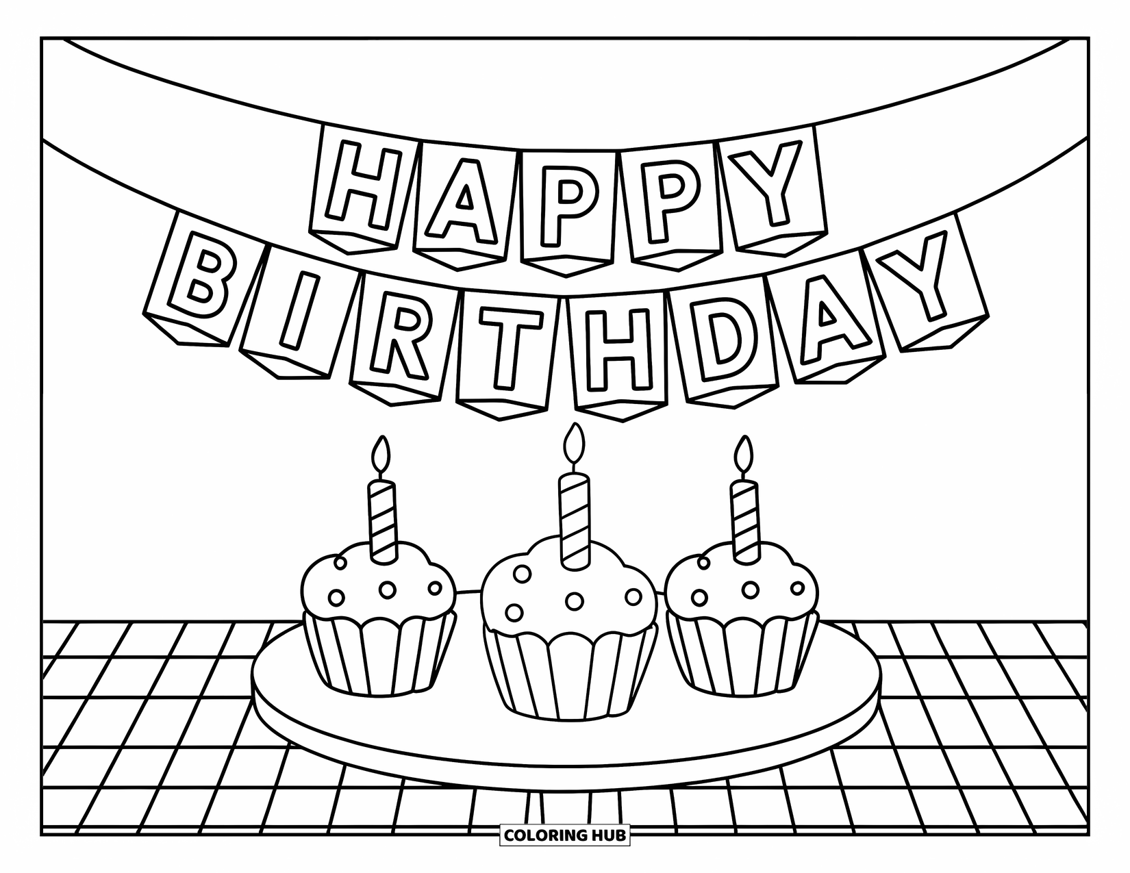 Cupcake Ausmalbild für Kinder: Drei Cupcakes mit Kerzen sitzen unter einem "Happy Birthday"-Banner