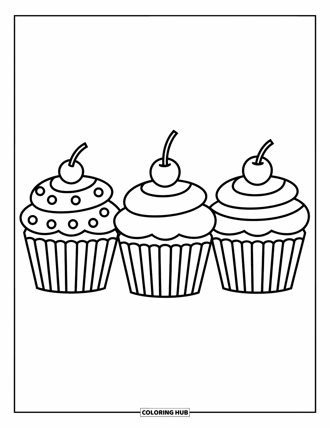 Cupcake Ausmalbild für Kinder: Drei Cupcakes mit verschiedenen Toppings in einer Reihe