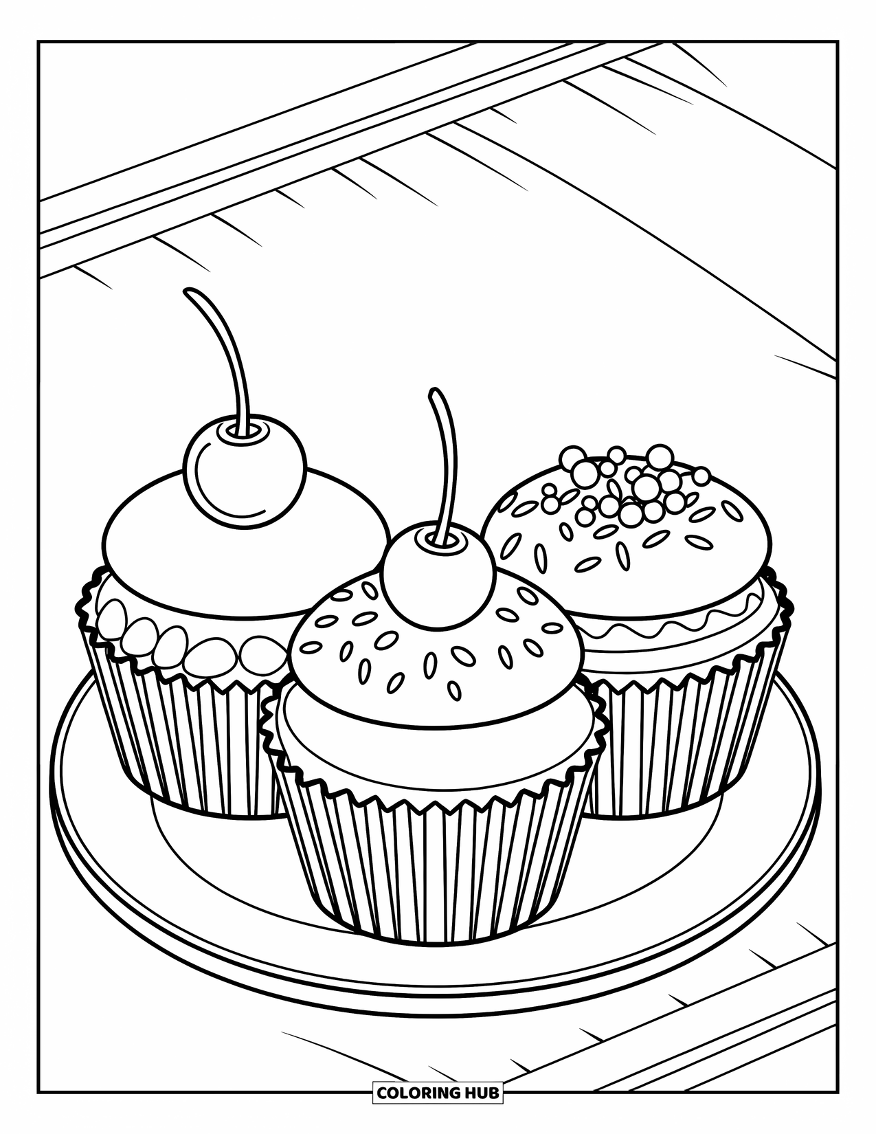 Cupcake Ausmalbild für Kinder: Drei Cupcakes mit verschiedenen Toppings auf einem Teller