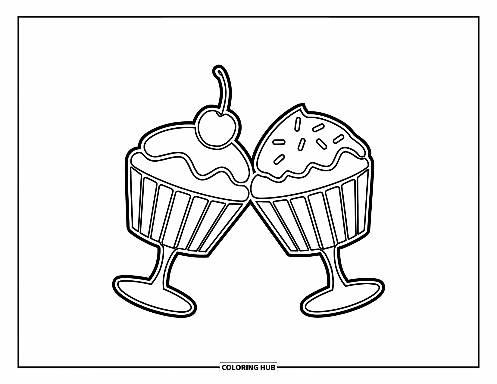 Cupcake Ausmalbild für Kinder: Zwei Cupcakes stoßen wie Gläser in einer fröhlichen Szene an