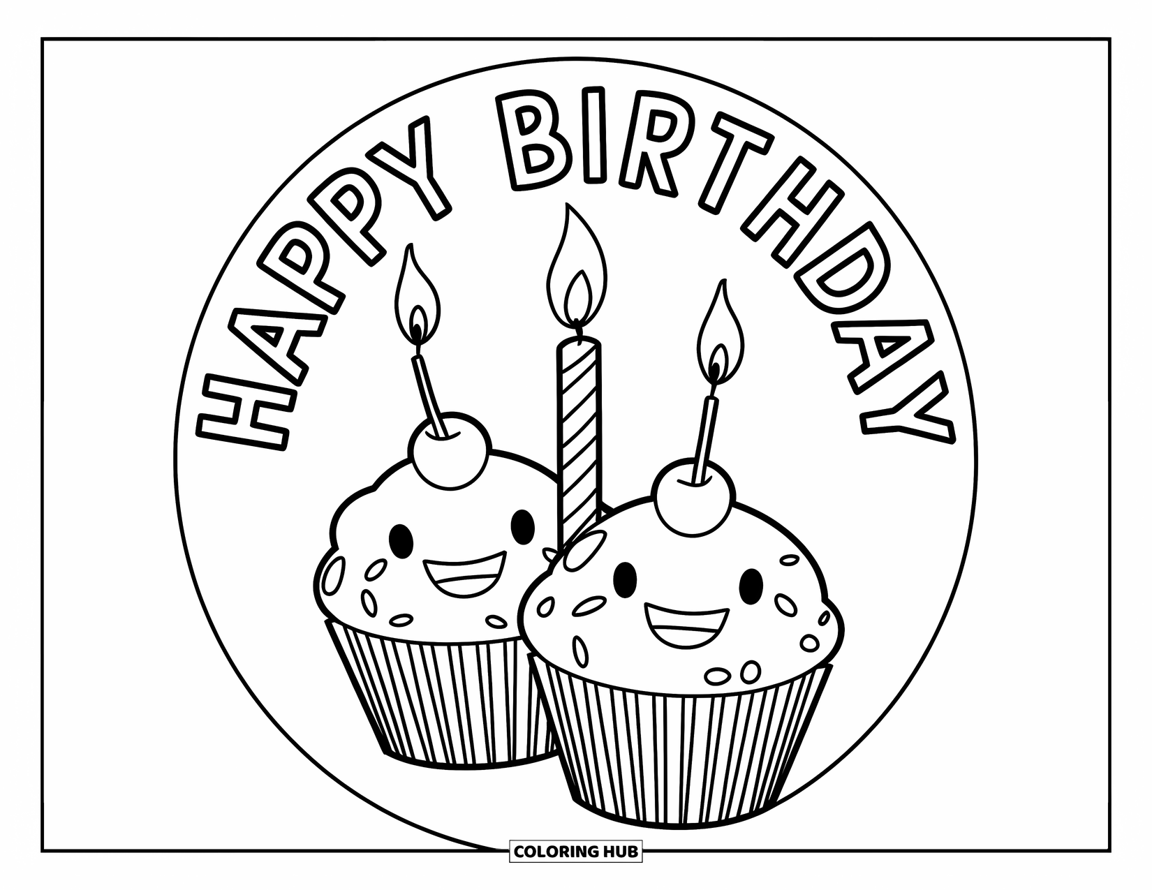 Cupcake Ausmalbild für Kinder: Zwei mit einem Band zusammengebundene Cupcakes teilen sich ein "Happy Birthday"-Banner