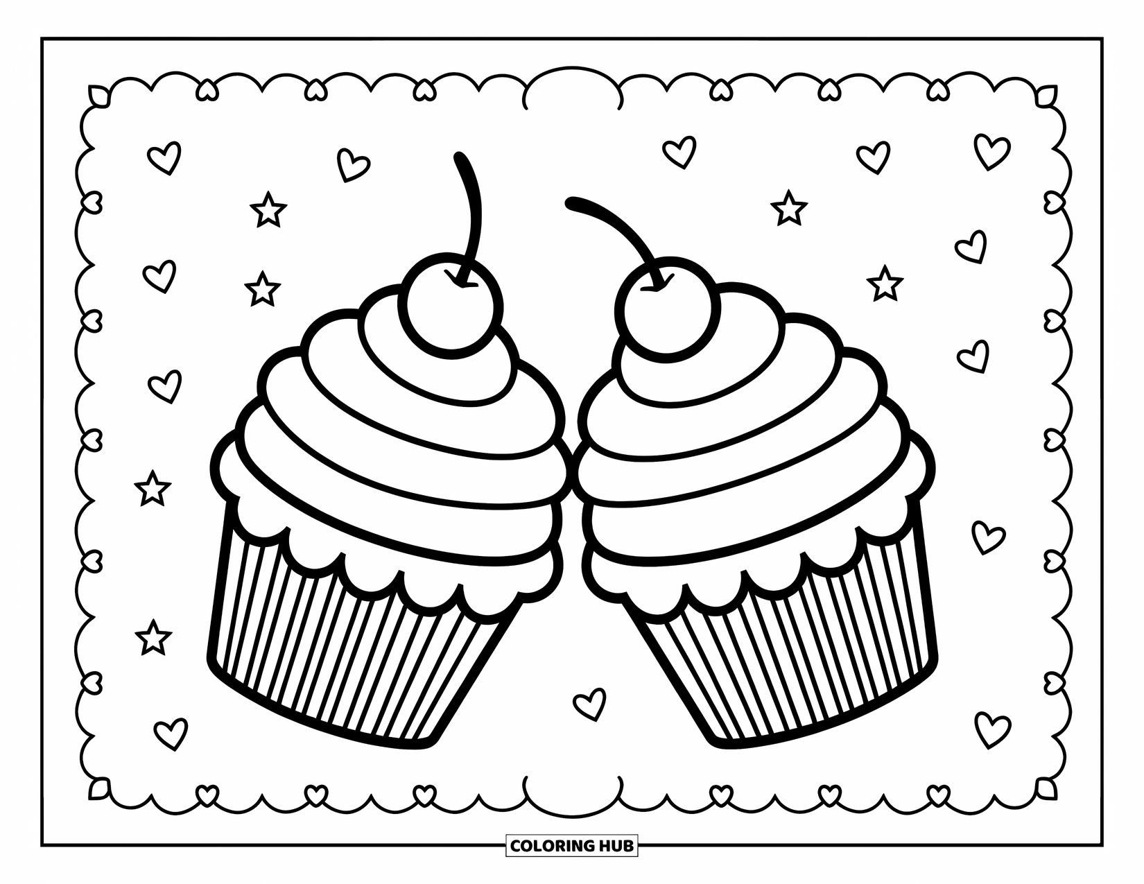 Cupcake Ausmalbild für Kinder: Zwei Cupcakes mit fröhlichen Gesichtern stoßen zusammen an