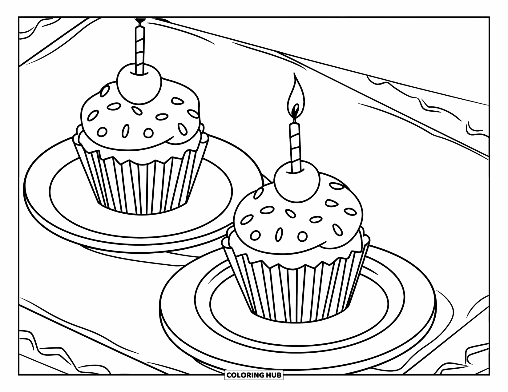 Cupcake Ausmalbild für Kinder: Zwei Cupcakes mit Kirschen und Kerzen sitzen auf einem Tisch