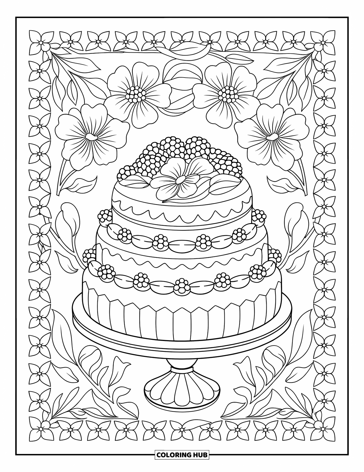 Dessert Kleurplaat voor Volwassenen: Een taart met bessen en glazuur staat fier met bloemen eromheen