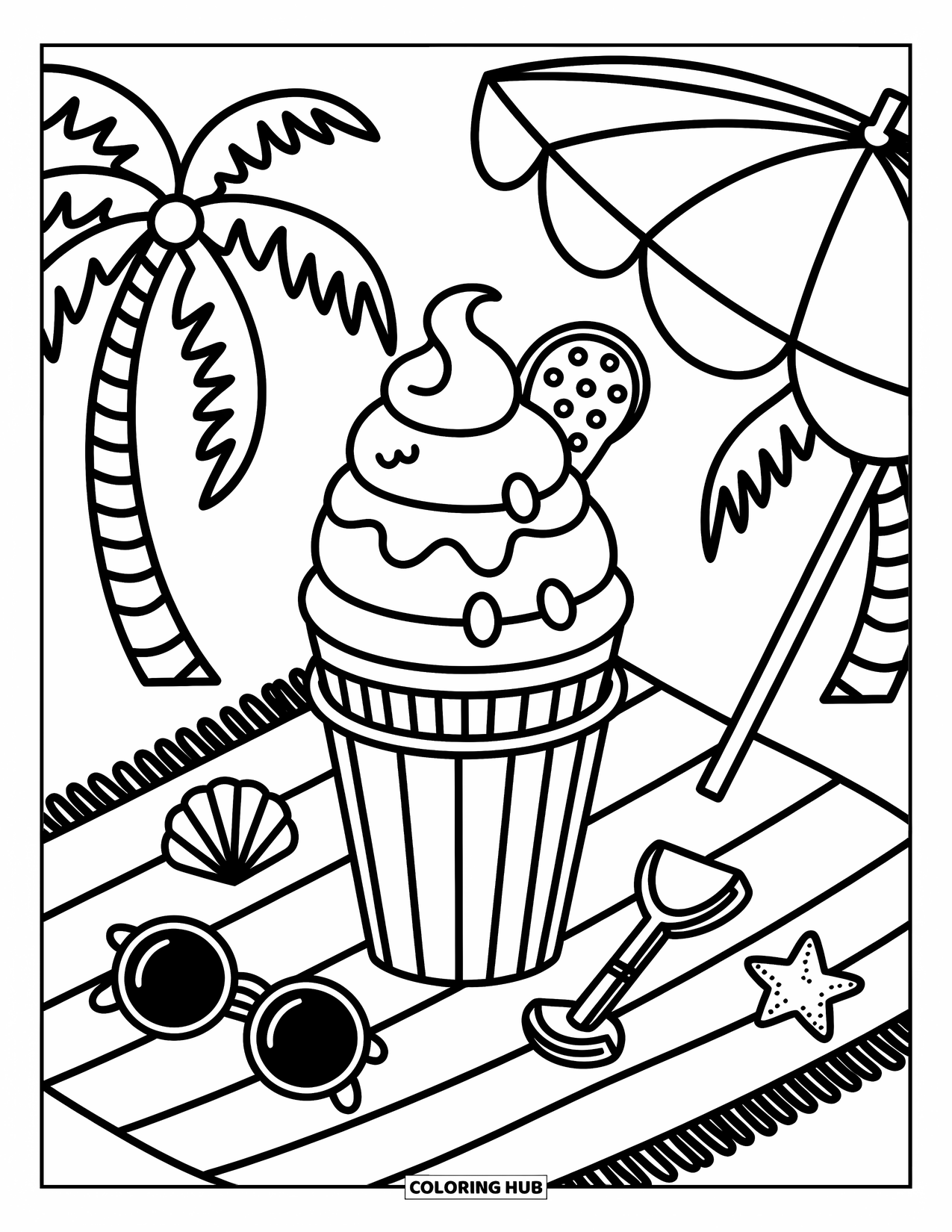 Dessert Kleurplaat voor Volwassenen: Een hoorntje met slagroom rust op een strandlaken onder palmbomen en speelse spullen