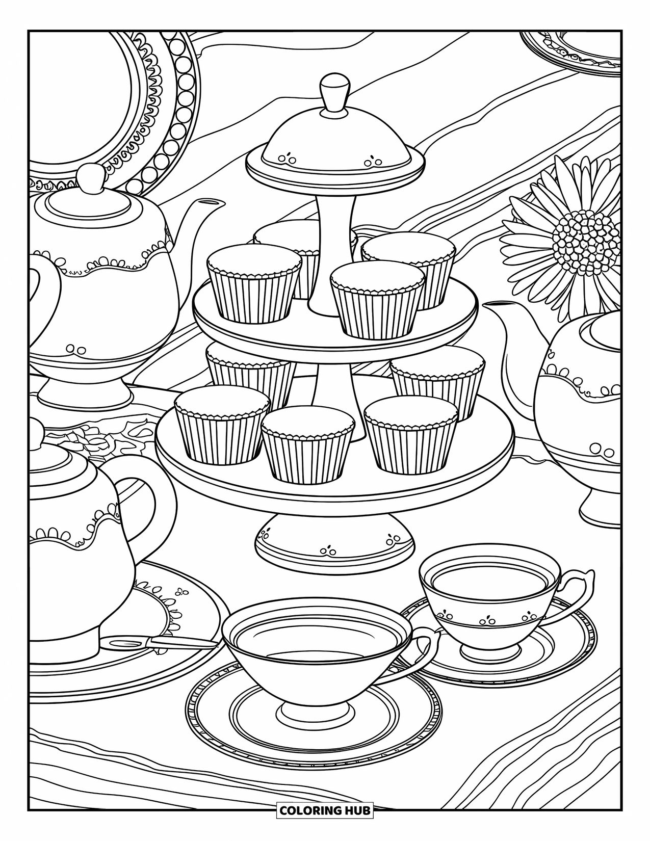 Dessert Kleurplaat voor Volwassenen: Een cupcake-standaard is omringd door theekopjes, borden en een met bloemen versierde tafel