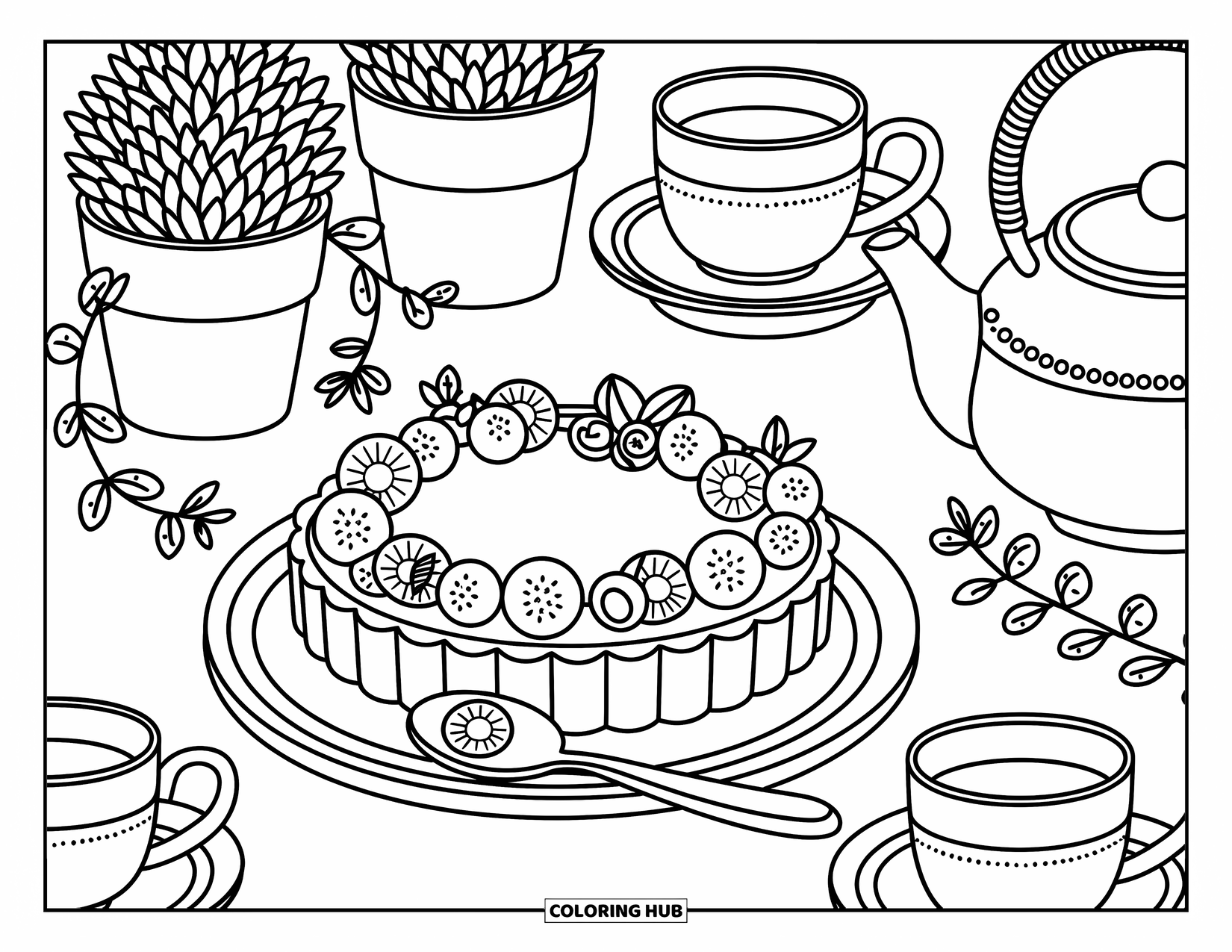 Dessert Kleurplaat voor Volwassenen: Een schattige taart en theekopjes rusten op een tuintafel omringd door planten en theetijd charme