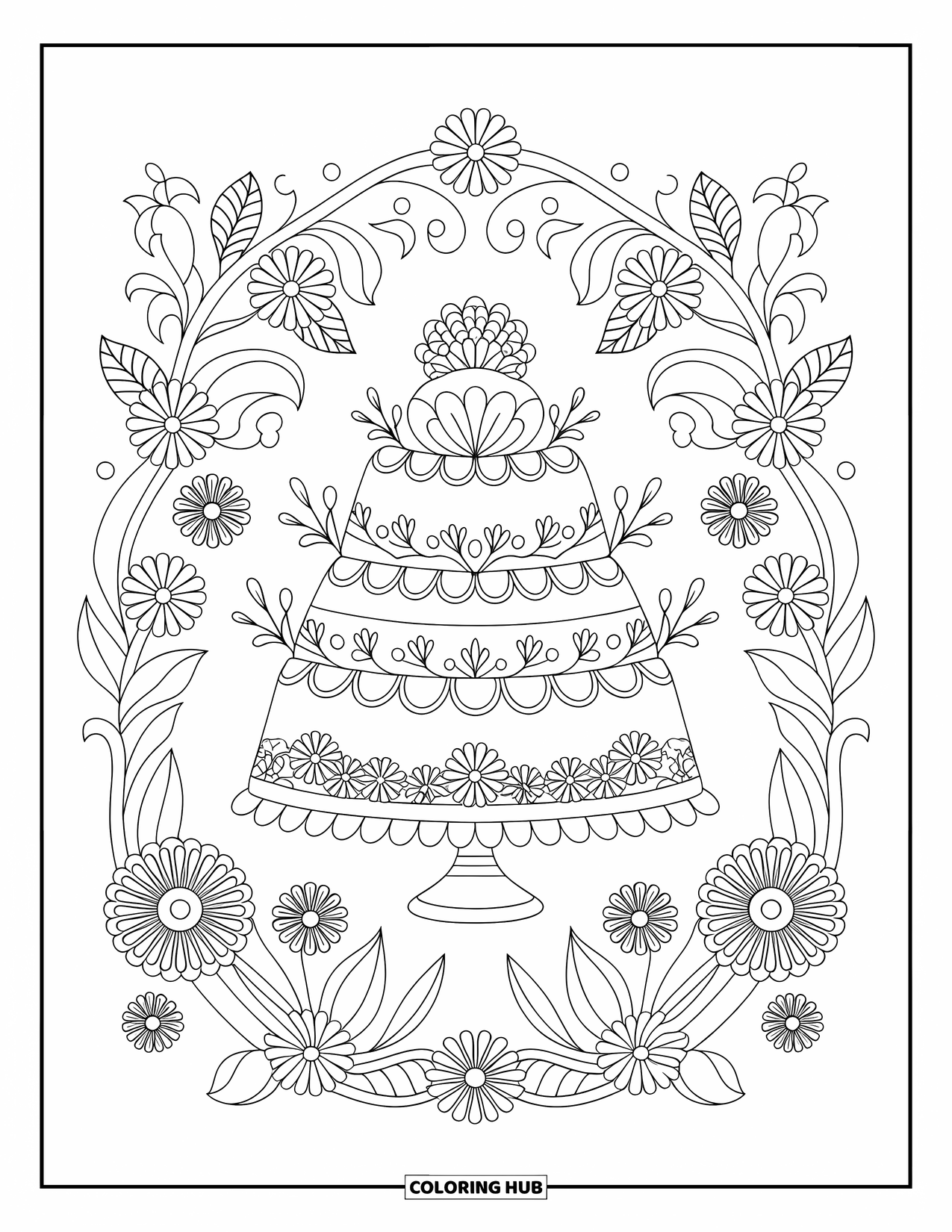 Dessert Kleurplaat voor Volwassenen: Een mooie taart met bloemen en glazuur staat op een standaard met bloemendetails