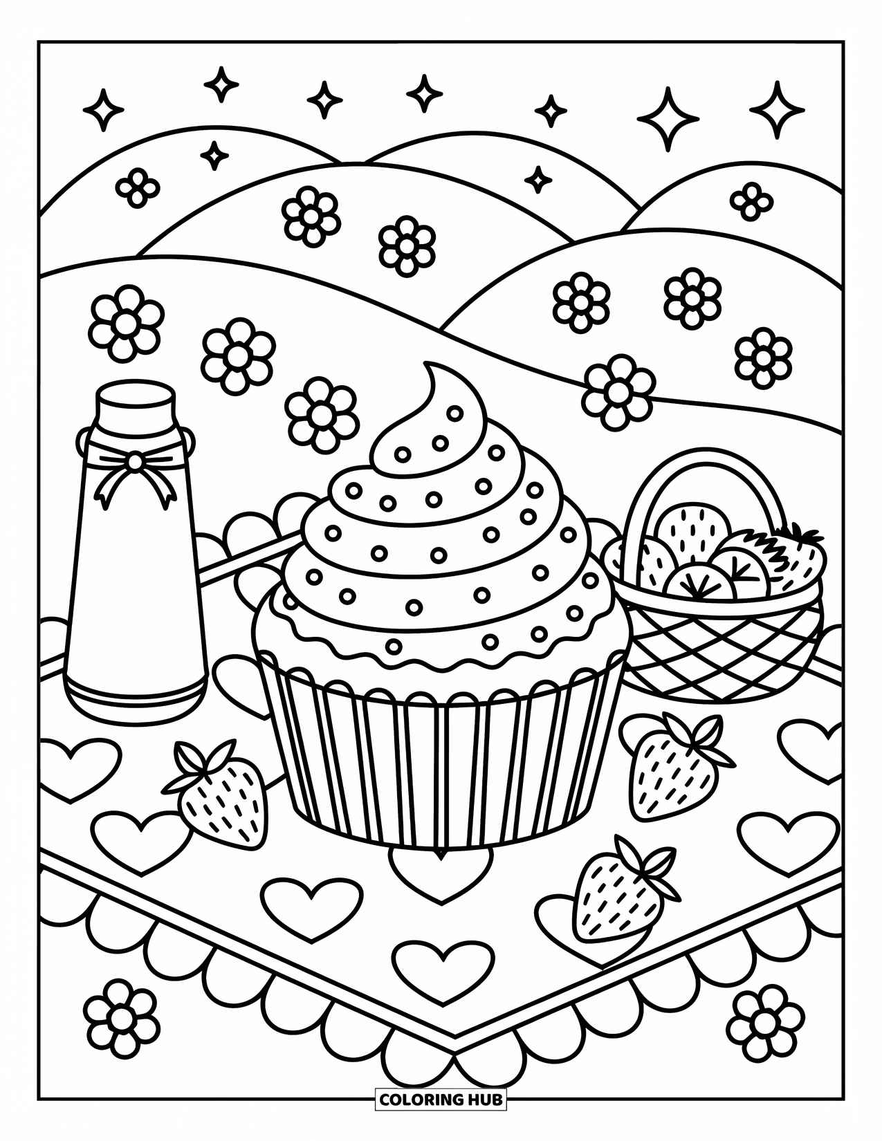 Dessert Kleurplaat voor Volwassenen: Een geglazuurde cupcake zit op een hartjesdeken met aardbeien, fruit en een thermoskan met strik