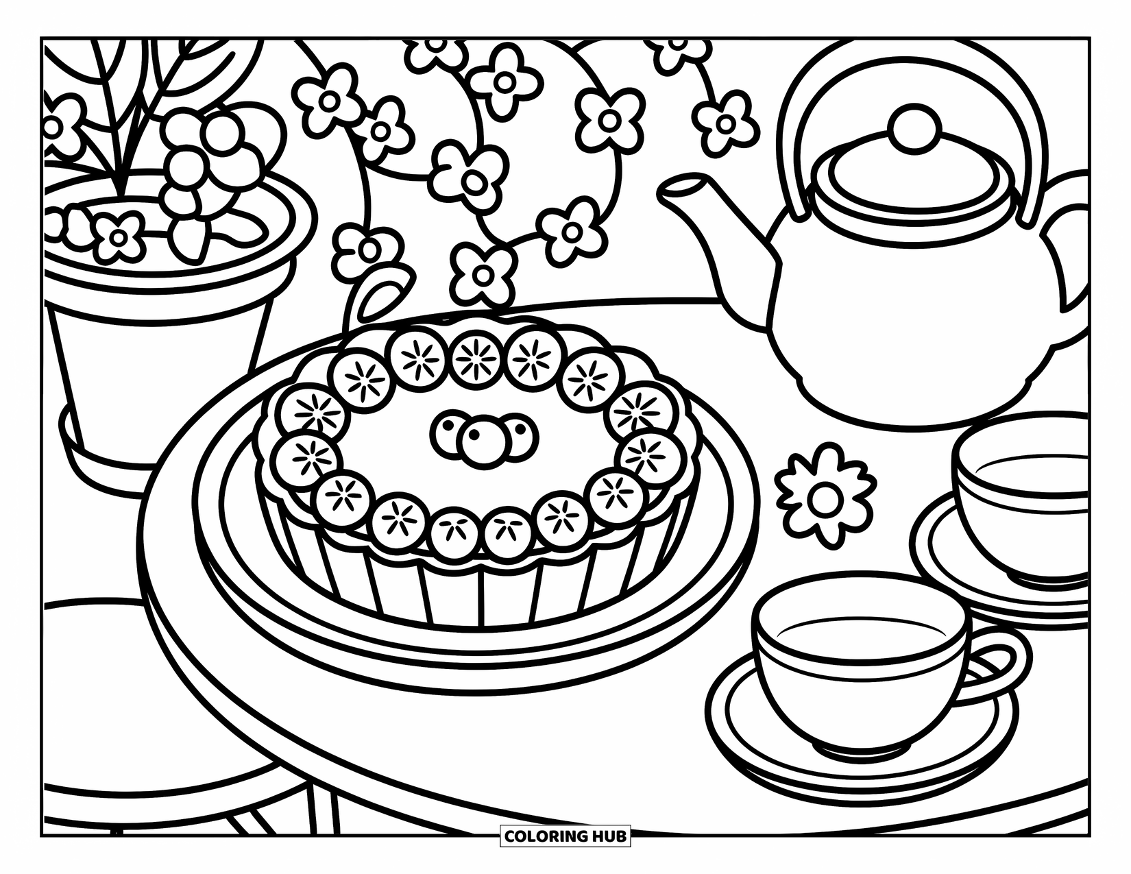 Dessert Kleurplaat voor Volwassenen: Een fruittaart en bloemenlepel liggen naast een theepot op een gezellig buitenterras