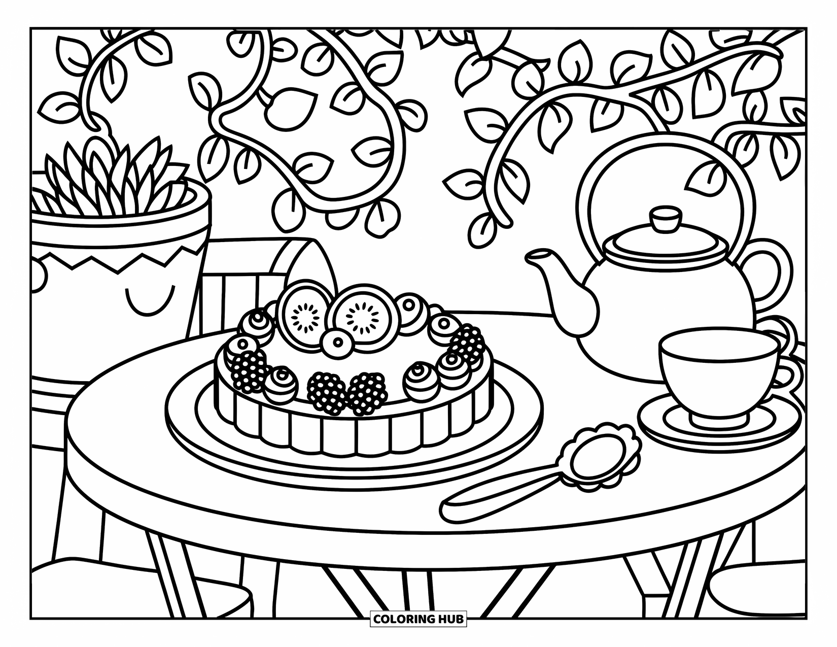 Dessert Kleurplaat voor Volwassenen: Een fruittaart met bessen rust op een tuintafel omringd door planten en theekopjes