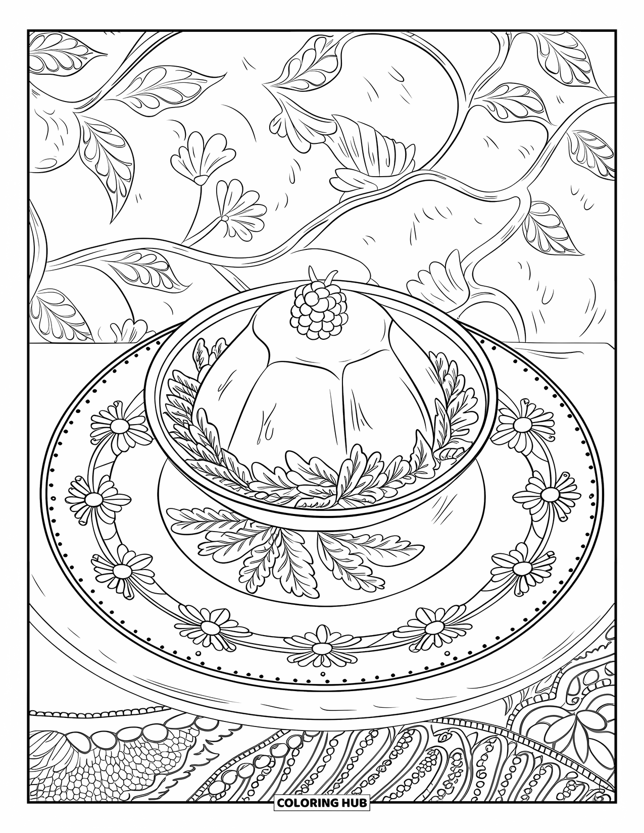 Dessert Kleurplaat voor Volwassenen: Een pudding met frambozen ligt op een bord met een bloemachtig onderzettertje