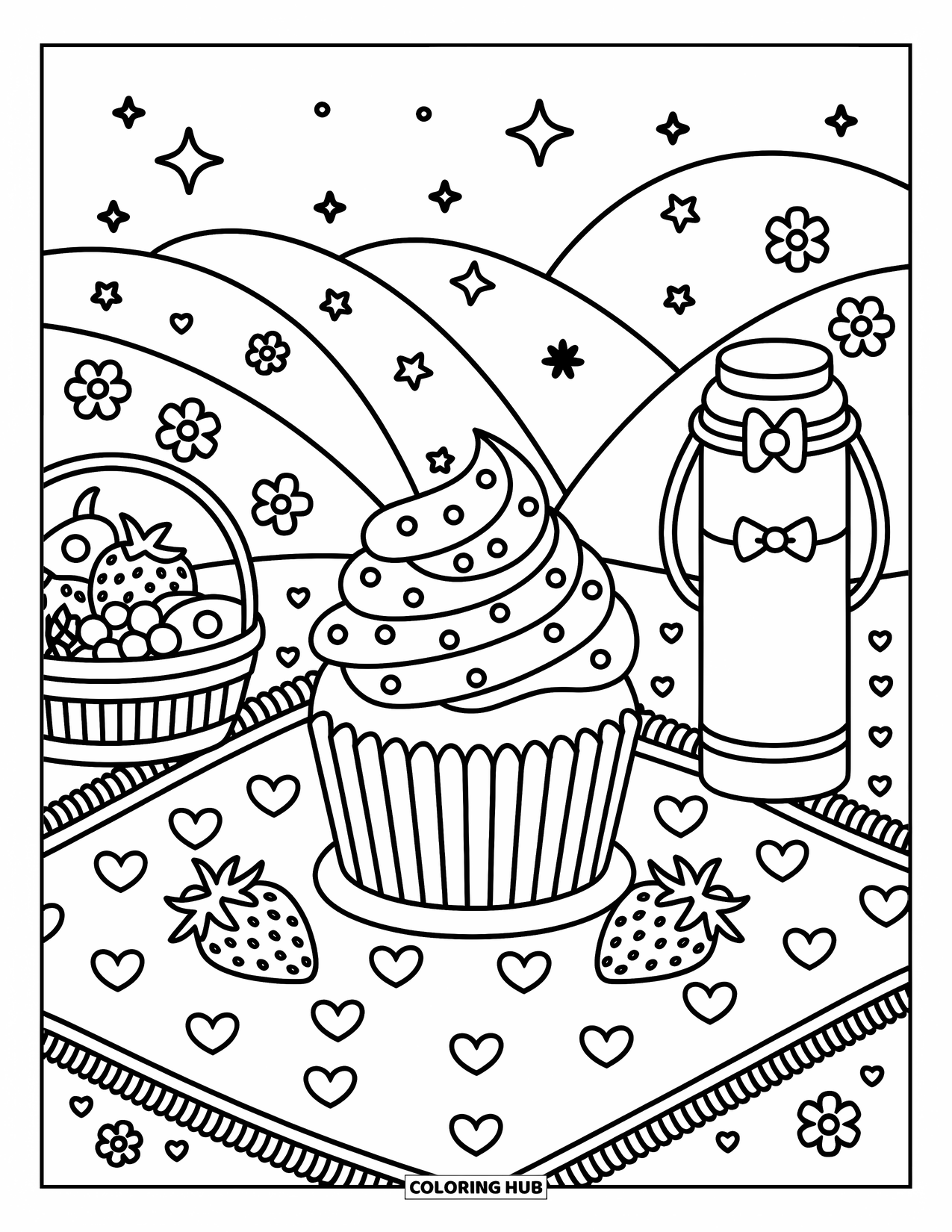 Dessert Kleurplaat voor Volwassenen: Een met spikkels bedekte cupcake zit met fruit en snoep op een gezellige picknickheuvel