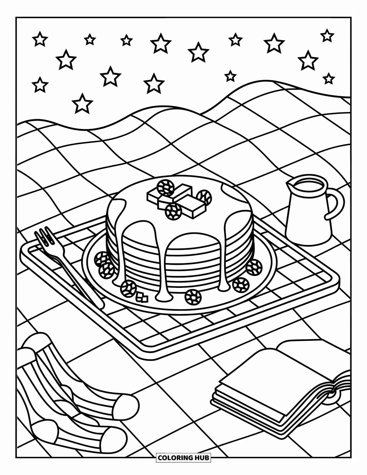Dessert Kleurplaat voor Volwassenen: Een stapel pannenkoeken met bessen zit op een geruit dienblad met sterren die erboven twinkelen