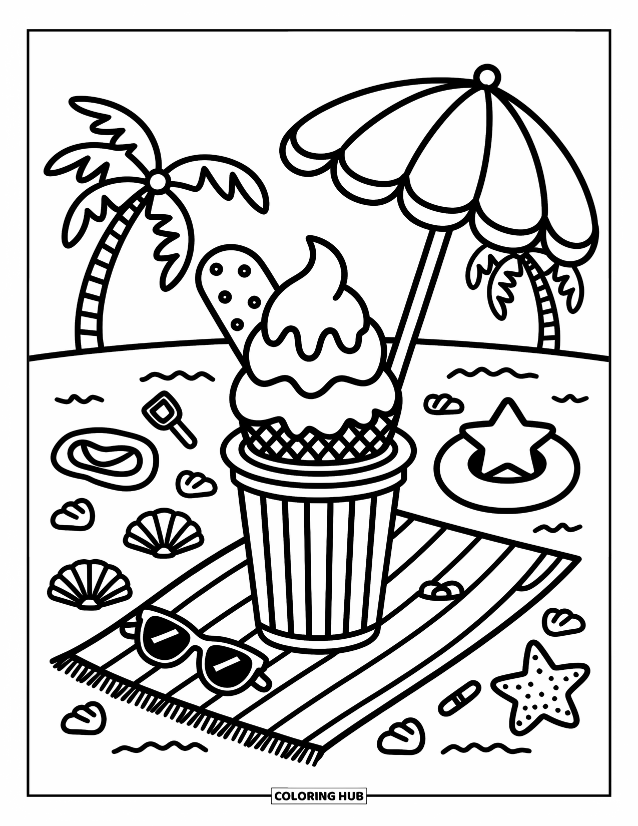 Dessert Kleurplaat voor Volwassenen: Een ijsje met slagroom zit op een strandlaken tussen schelpen en speelgoed