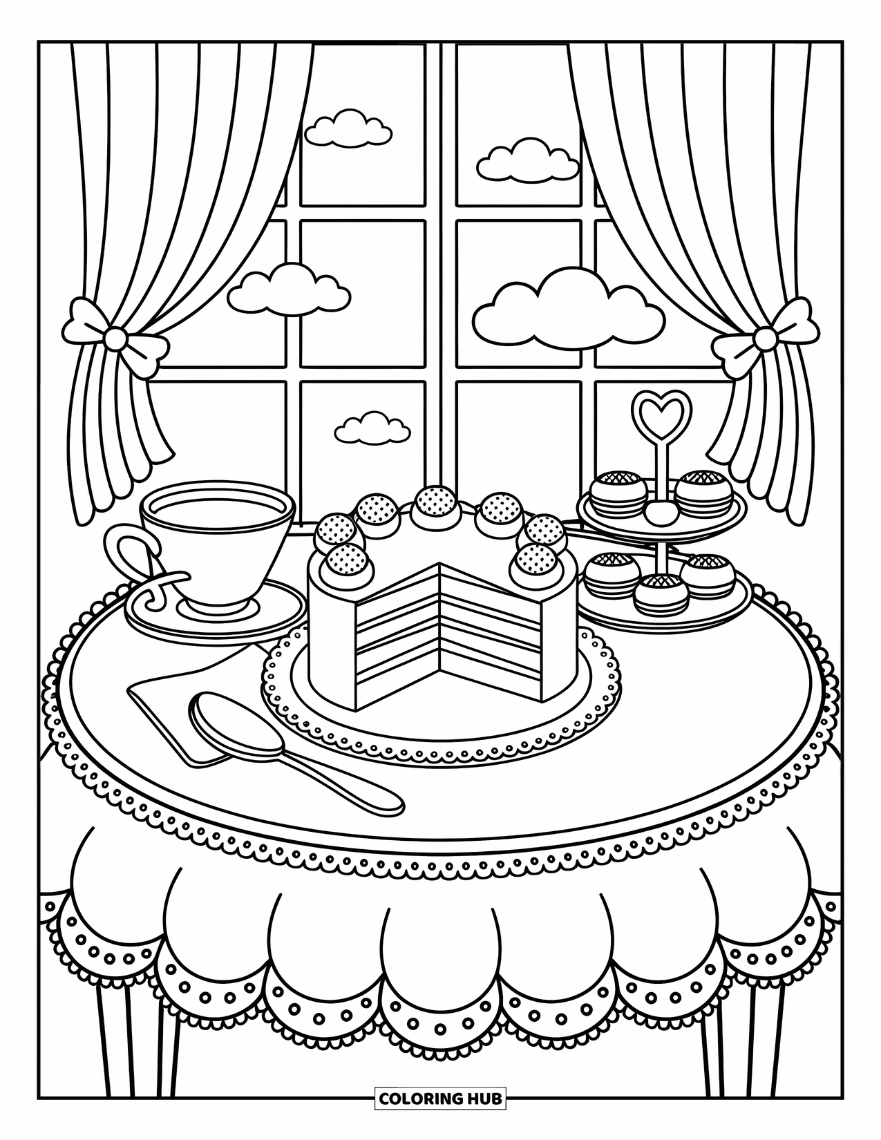 Dessert Kleurplaat voor Volwassenen: Cake, thee en zoete lekkernijen rusten op een bloementafel bij een raam met strikken