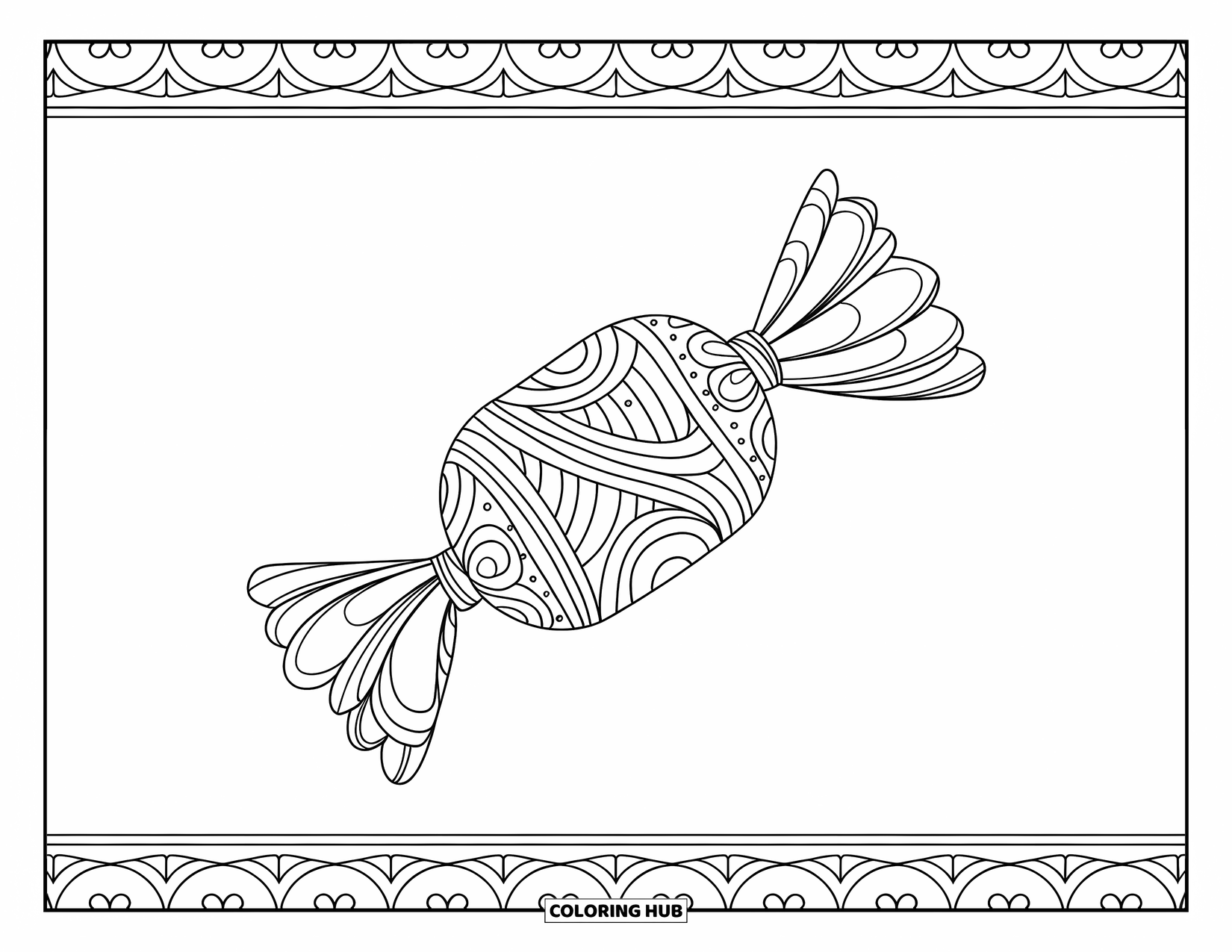 Dessert Kleurplaat voor Volwassenen: Snoep met gedetailleerde wikkels en wervelingen vult dit leuke, patroonrijke ontwerp