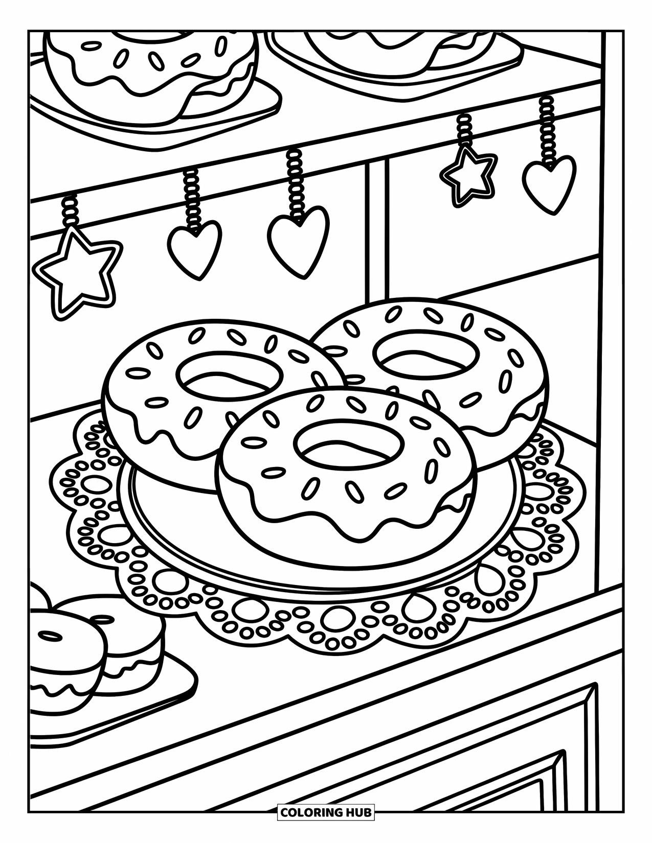 Dessert Kleurplaat voor Volwassenen: Leuke donuts zitten in een vitrine met krijtborden en lieve kleine gebakjes