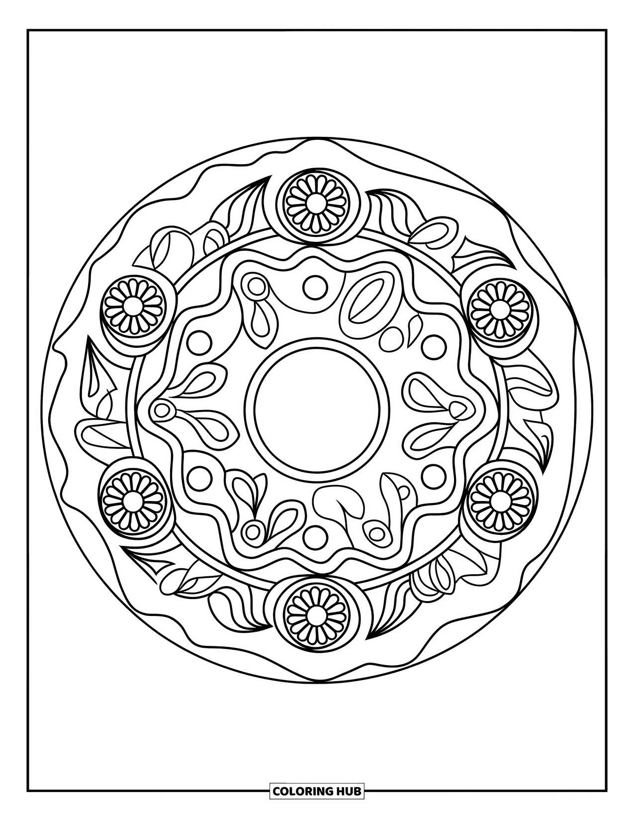 Dessert Kleurplaat voor Volwassenen: Versierd glazuur en kleine donuts vullen dit ontspannende mandala-ontwerp