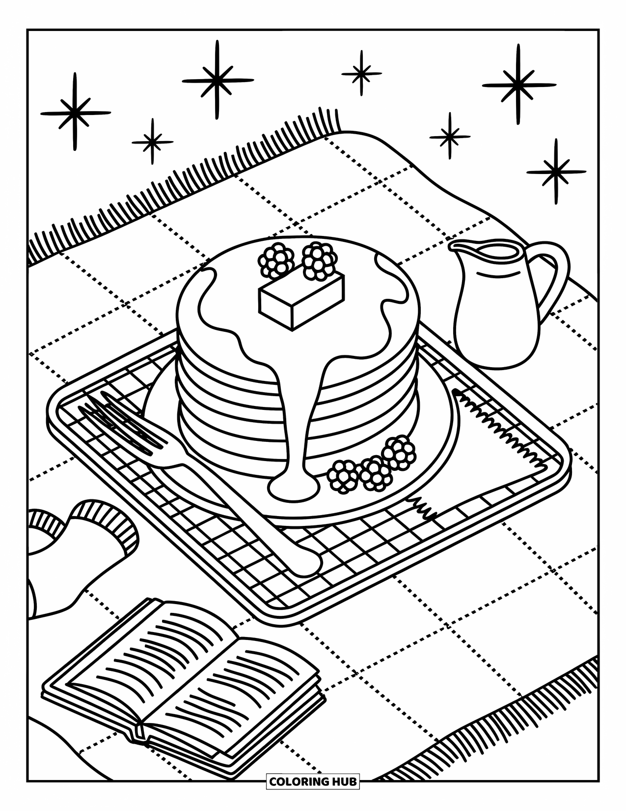 Dessert Kleurplaat voor Volwassenen: Luchtige pannenkoeken met siroop zitten op een gezellig dienblad met sokken, sterren en een warme deken