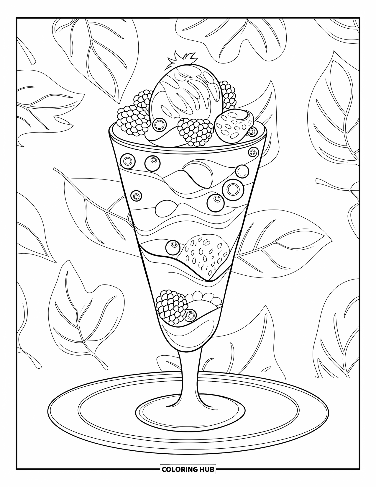 Dessert Kleurplaat voor Volwassenen: Fruit, cake en room stapelen zich op in een parfait omringd door bladmotieven