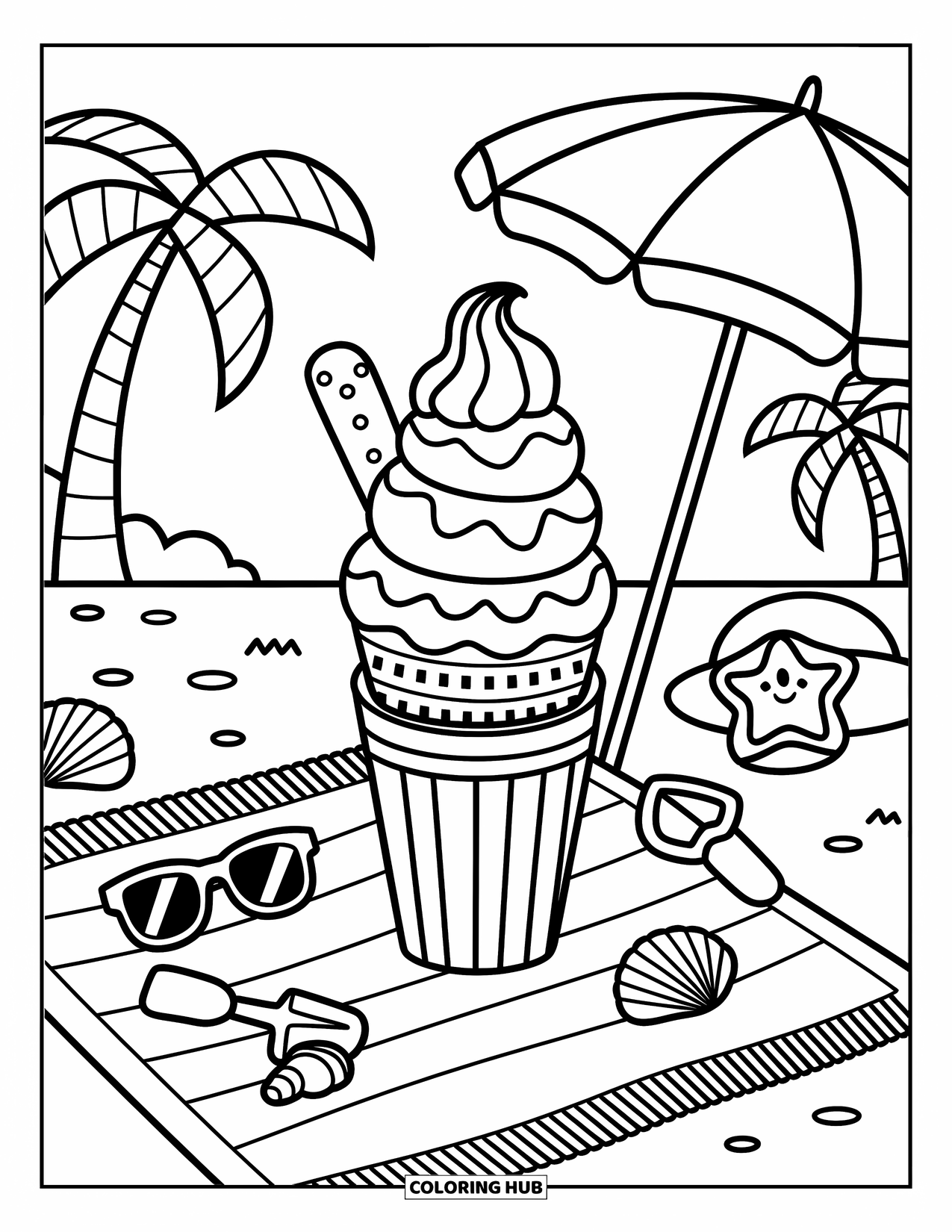 Dessert Kleurplaat voor Volwassenen: IJs met toppings zit op een handdoek omringd door zomerse strandspullen en palmbomen