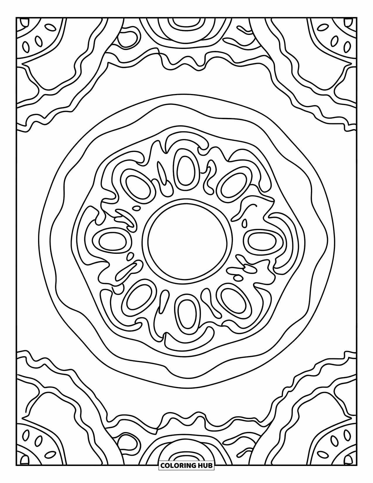 Dessert Kleurplaat voor Volwassenen: Glazuurwervelingen en cirkels vormen een kalme en gedetailleerde donut mandala