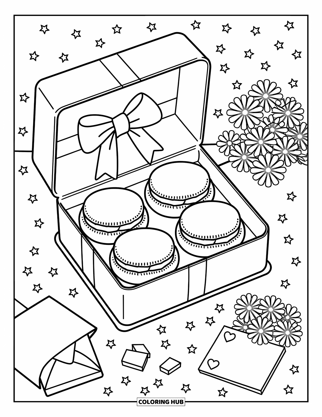 Dessert Kleurplaat voor Volwassenen: Macarons piepen uit een geschenkdoos omringd door confetti, sterren en kleine bloemen
