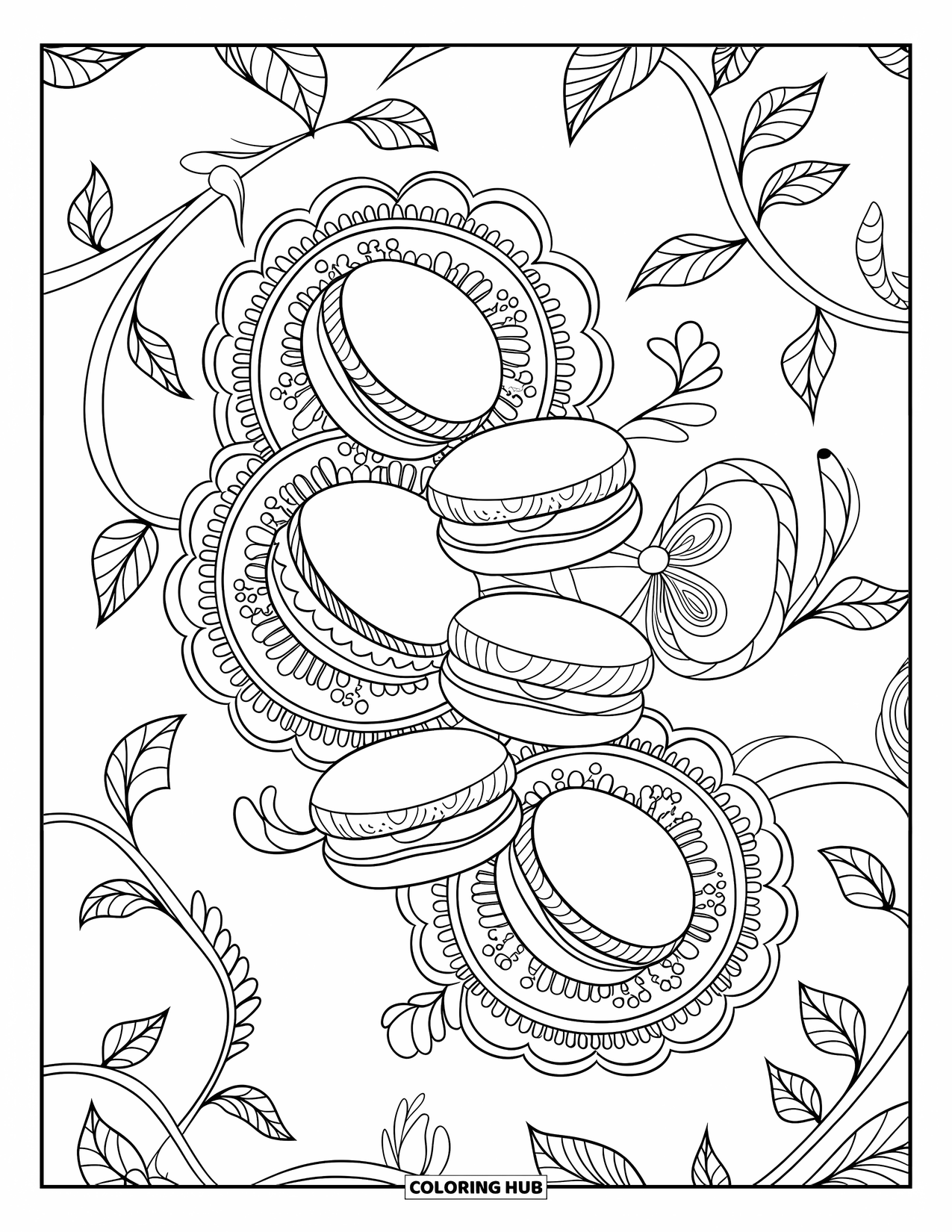 Dessert Kleurplaat voor Volwassenen: Macarons met linten en kant liggen op onderzettertjes met bladerachtige achtergrondpatronen