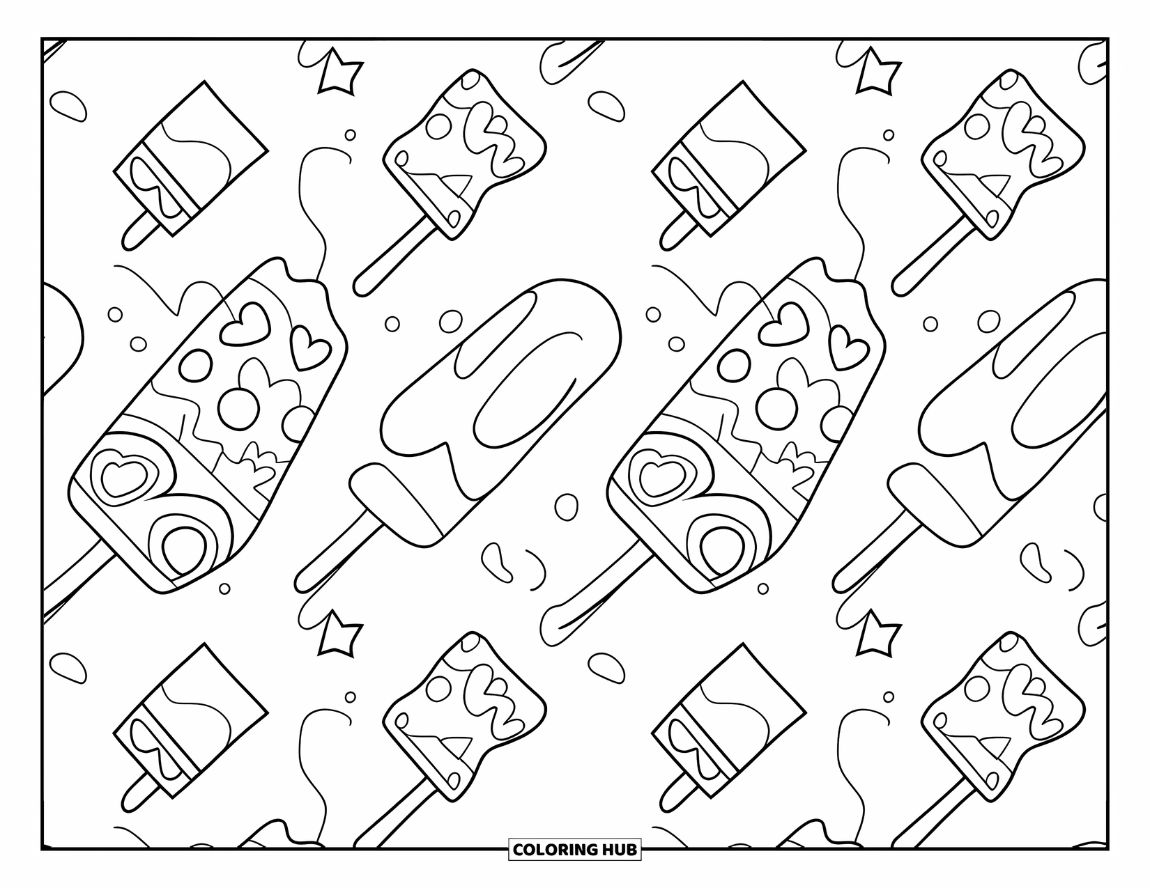 Dessert Kleurplaat voor Volwassenen: IJsjes met harten, sterren en cirkels herhalen zich in een speelse, stippelige lay-out