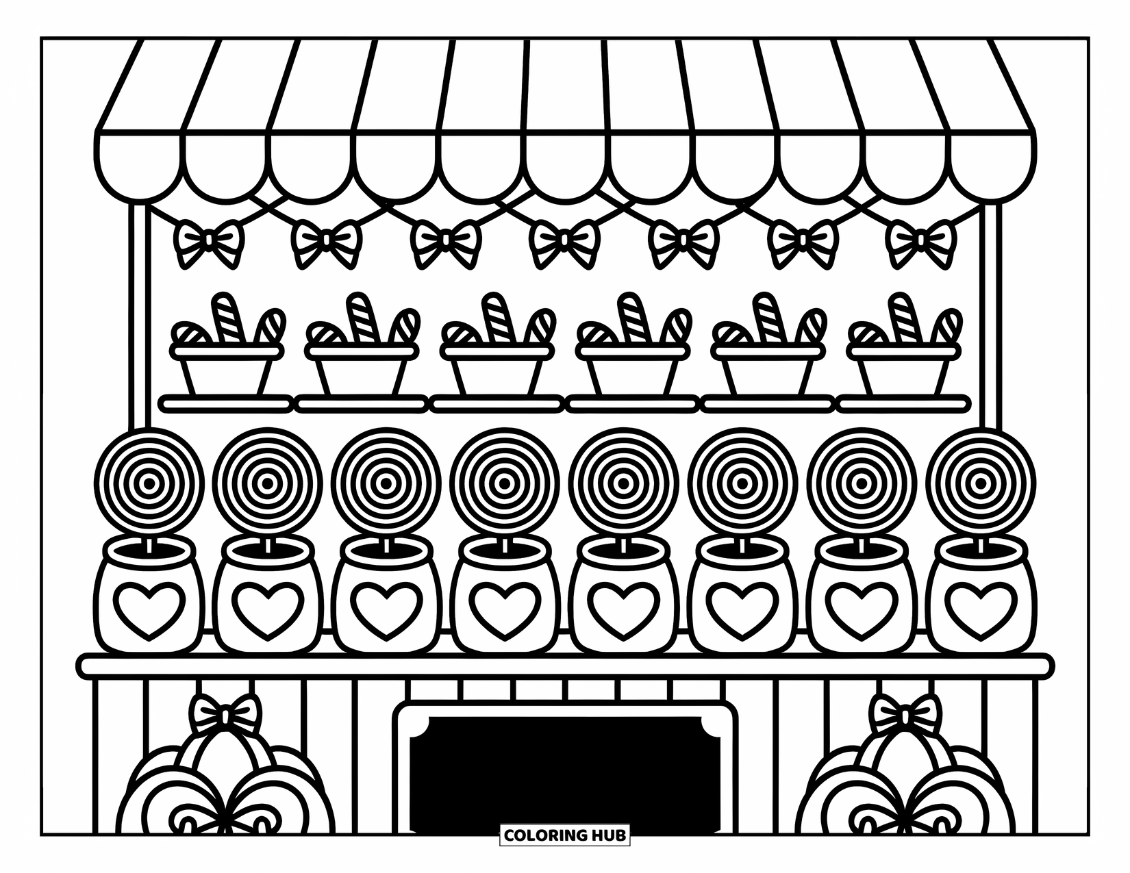 Dessert Kleurplaat voor Volwassenen: Spiraallolly's en snoeppotten vullen een snoepwinkel onder een gestreepte luifel