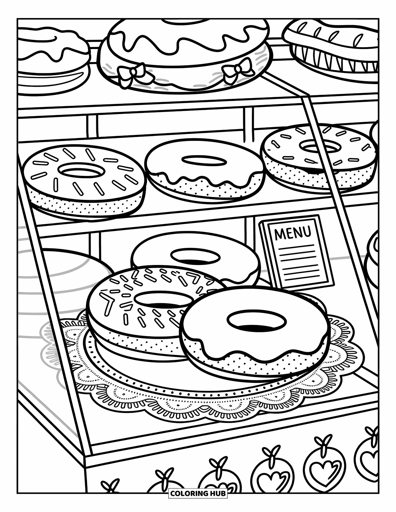 Dessert Kleurplaat voor Volwassenen: Drie versierde donuts zitten op een kleedje in een bakkerijvitrine gevuld met kleine gebakjes